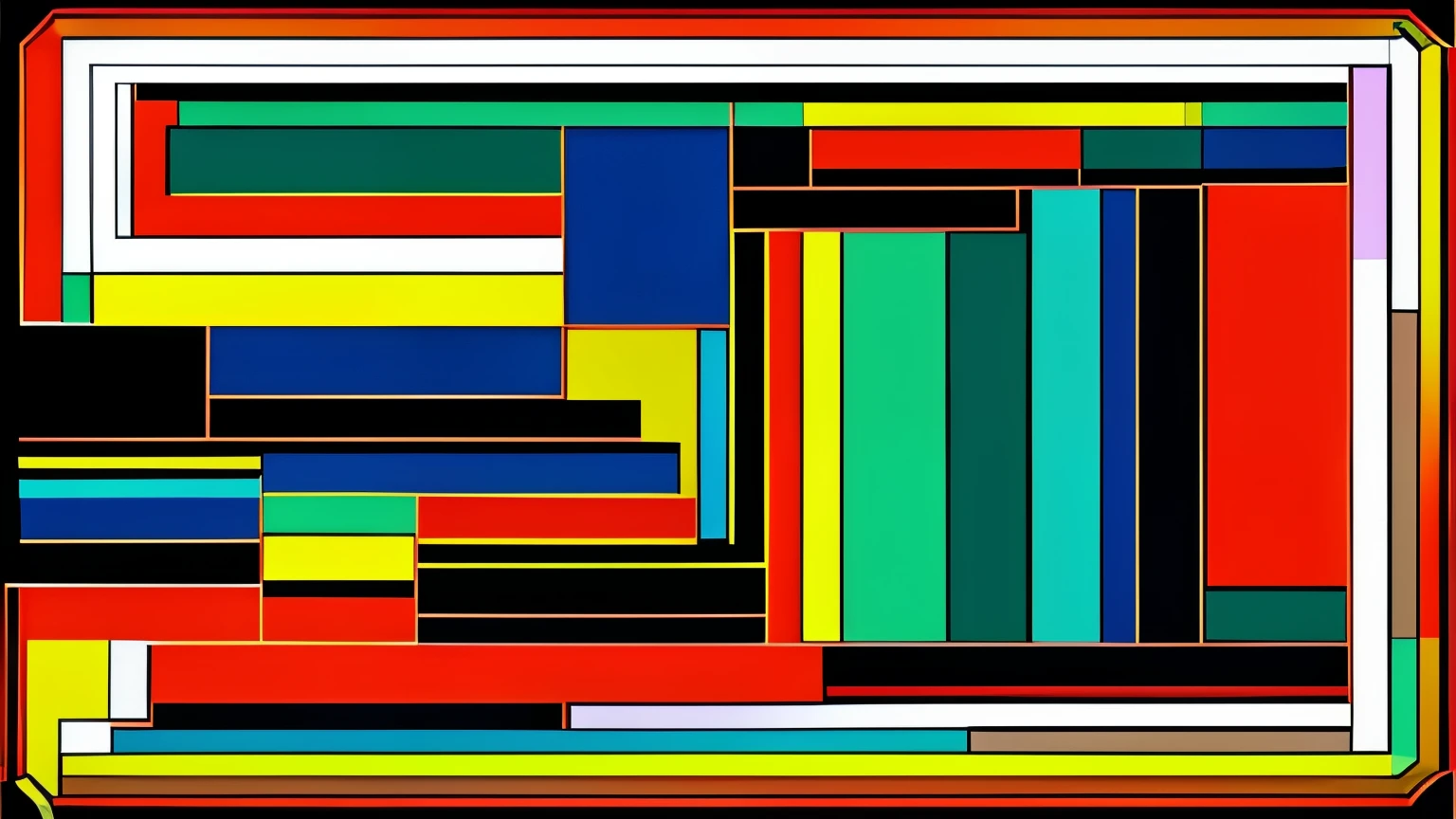 Create a dynamic abstract composition in the style of Piet Mondrian's Broadway Boogie Woogie. Use bold lines and intersecting rectangles of primary colors - red, blue, and yellow - against a white background. The arrangement should convey a sense of rhythm and movement, like a jazzy dance or the pulsing lights of Broadway. Emphasize striking visual effects by layering the colors in vibrant, saturated hues and incorporating stark black lines for high contrast. The overall impression should be one of energy, vitality, and optical excitement.