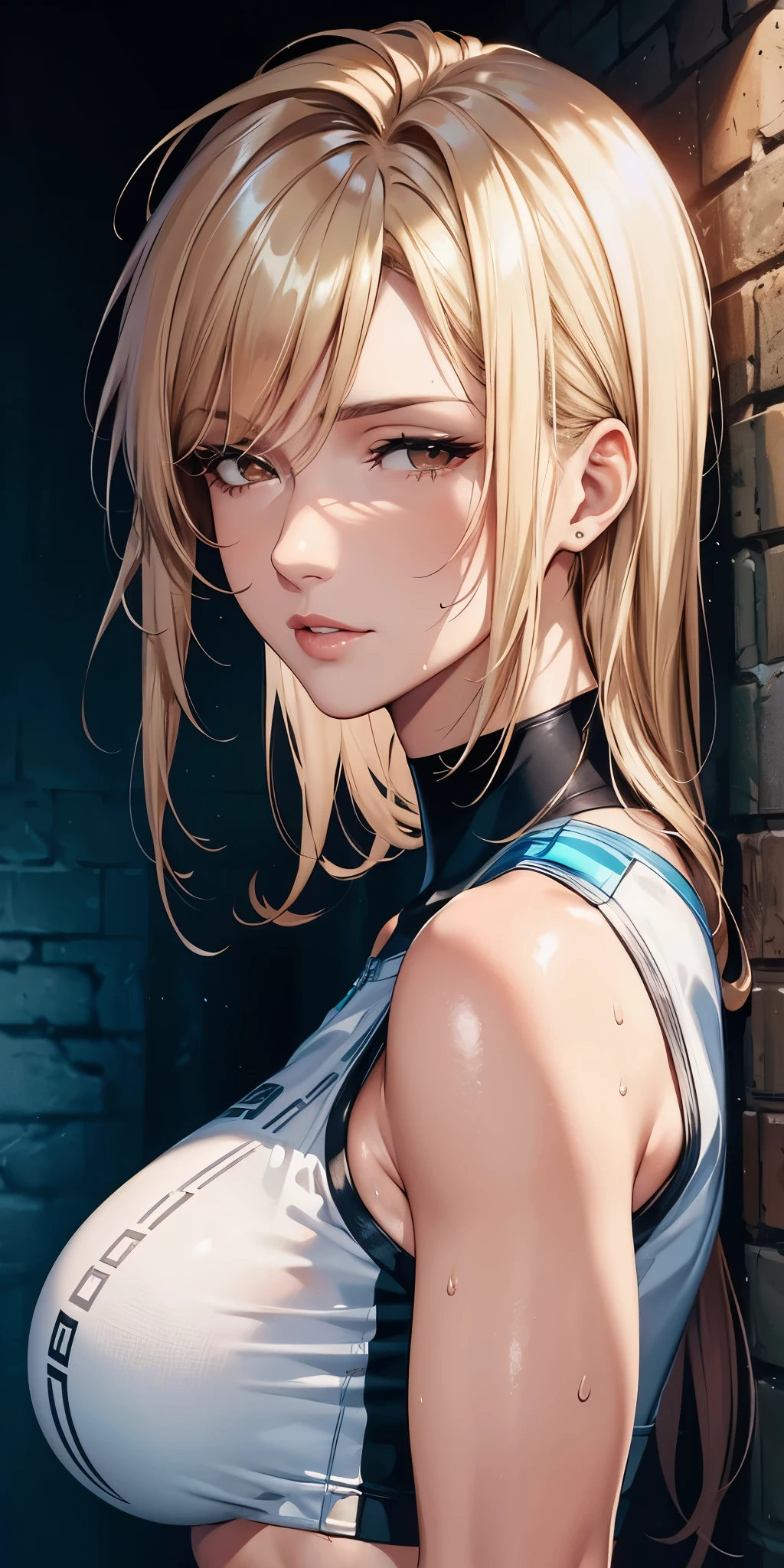 portrait, elegant mature woman, brown eyes, long straight hair, swept-side bang, [[brown hair]], (blonde hair),  big breast, sweaty skin, shiny skin, transparen crop top, see through crop top, high resolution 8k, beautiful cg