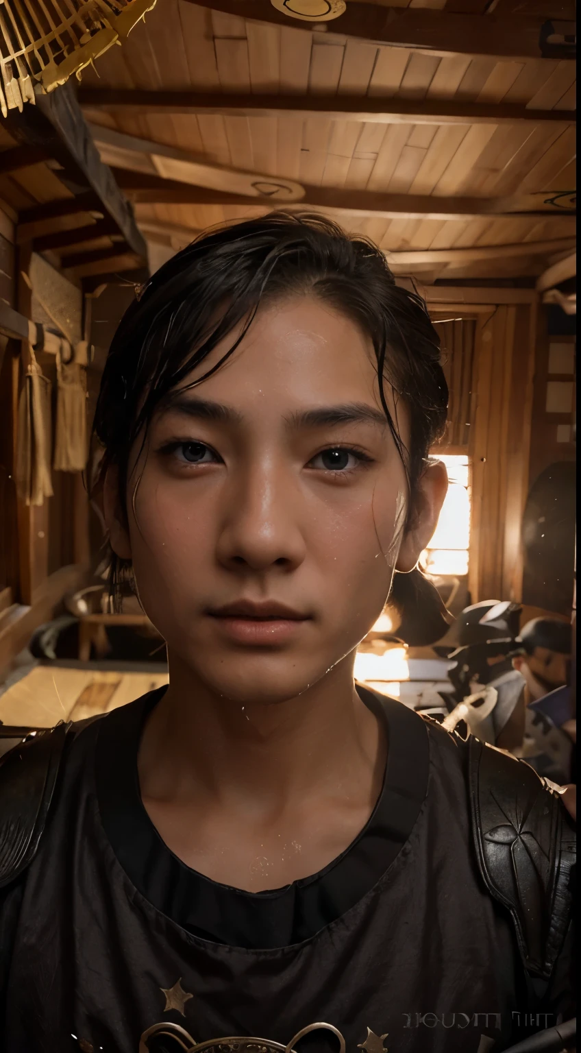 (((32k,high detal,high-detail、masterpiece,Attention to detail,full body Esbian,solo,1man))),Raw photo & realistic atmosphere,beautiful dark blue eyes,Detailed mouth,Detailed eyebrows,Shine in every detail,Eyes drawn in detail、Very beautiful eyes with azure eyes,Detailed lips、Infinite reality, ,Brave samurai of the Sengoku period, bulky17--old utiful boy,Samurai of the Sengoku period of Japan,the whole body is wet,dripped out,with a flushed face,Tremendously beautiful17-year-olngoku samurai beautiful boy,(youthfulness,Sharp eyes,Serious beautiful look,Armor samurai of the Sengoku period,Sengoku armor,Armor of the Warring States Period,Black shiny hair,Chonmage,showing your whole body,Detailed crisp armor,Beautiful luxurious Sengoku armor,Armoured pockets,torso,small hand,Sandals,Shoulder to shoulder,Sengoku Warlord,Strongly influenced by Akechi Mitsuhide,beautiful young boy,Boy with beautiful face like a girl:1.8)