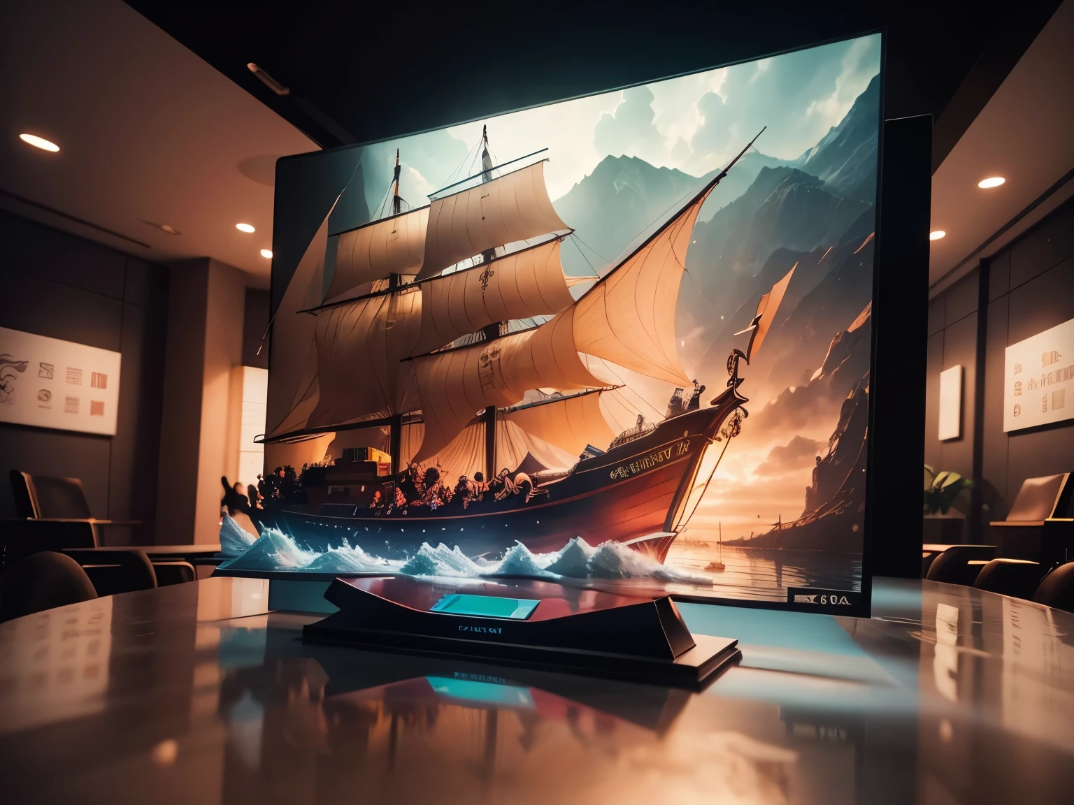  dragon boat race , 3D Pop-Out Effect, Interactive touch panel, meeting room, conceptual art, tutorial, realistic 8k photography,