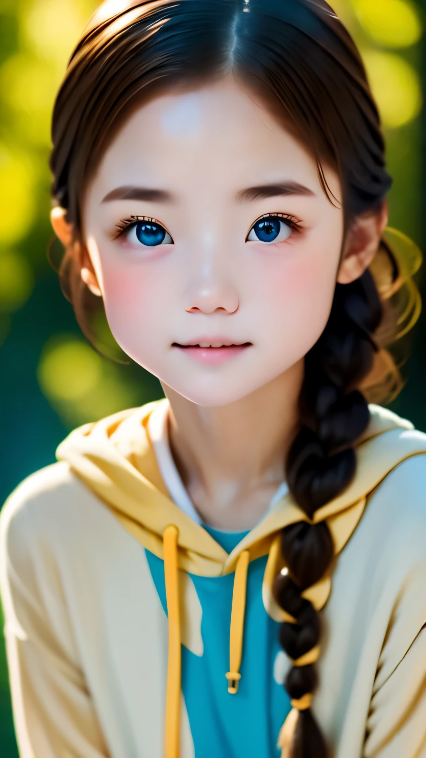 one girl、((smile:0.1))、pretty girl、dark beige hair、baby face、young、delicate girl、Braid、Upper body、small breasts、unreasonable precision、Super detailed、blue shirt、Layering、light orange hoodie、completely flat、Honesty、thin arms, professional lighting, film grain, chromatic aberration, (Eye and face details:1.0), (Bokeh:1.1)、software:1.5)))、 highest quality, 8k, 14 years,