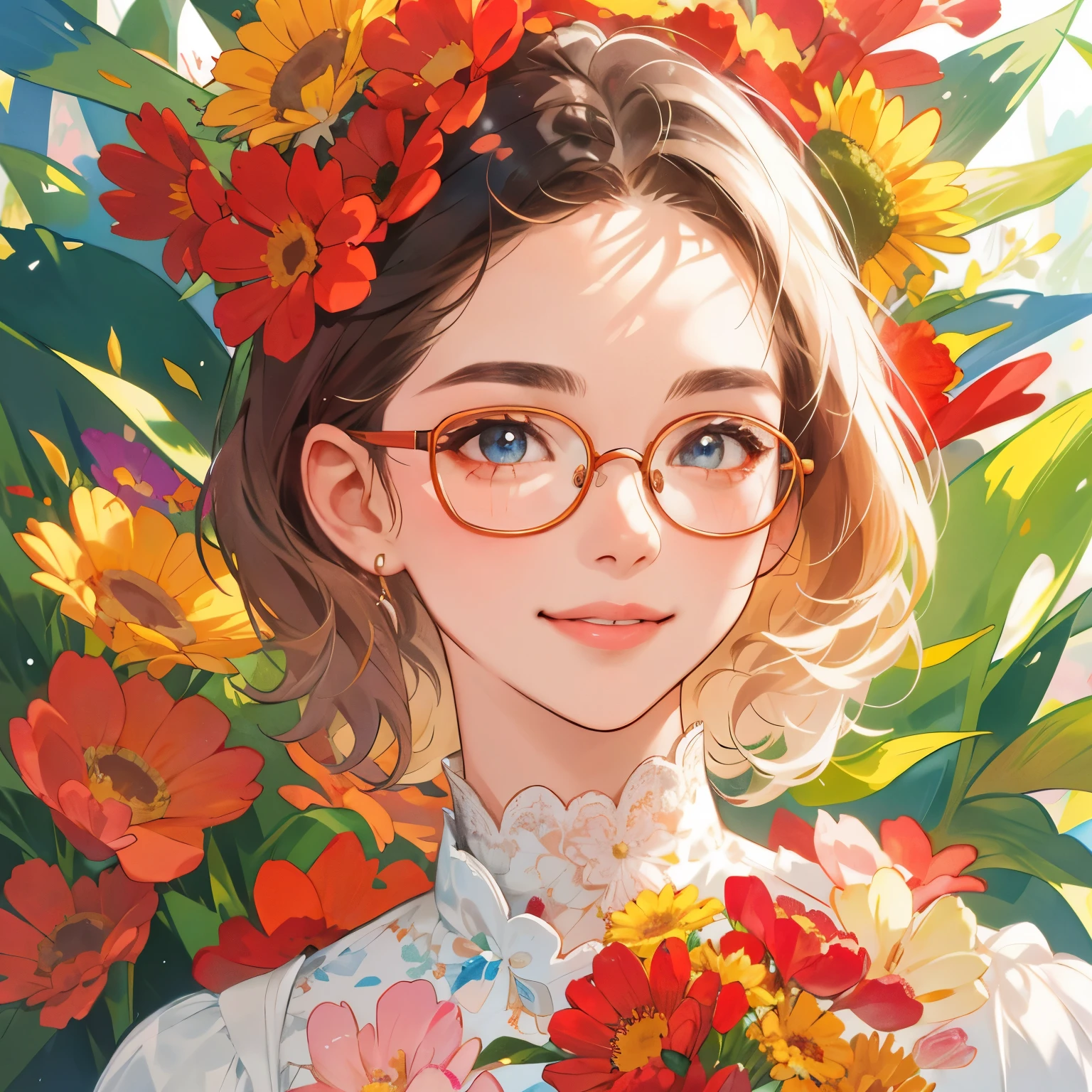 (1doll, with glasses, detailed face features, especially the eyes framed by the rim of the glasses, delicate skin texture, wearing a floral dressed: 1.2), holding flowers in both hands, a smile adorning her rosy cheeks, surrounded by an intricately detailed and vibrant background of blooming flowers, captured in the best quality, ultra-high resolution, 8K image, a masterpiece to behold.