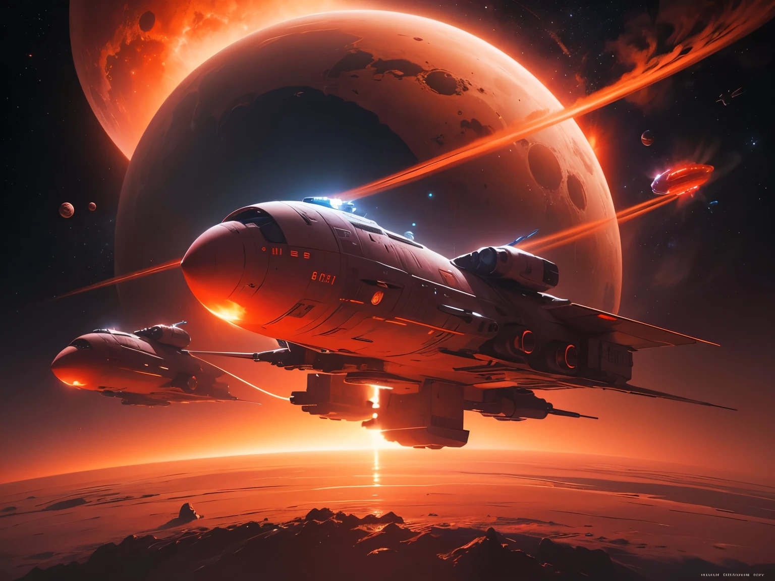 spaceships flying over a planet with a red planet in the background, concept art inspired by Peter Elson, cg society contest winner, space art, red sprites in the atmosphere, spaceships flying in background, spaceships flying above, sunset on distant machine planet, spaceships flying around, flying spaceships in background, parked spaceships, floating beside planets