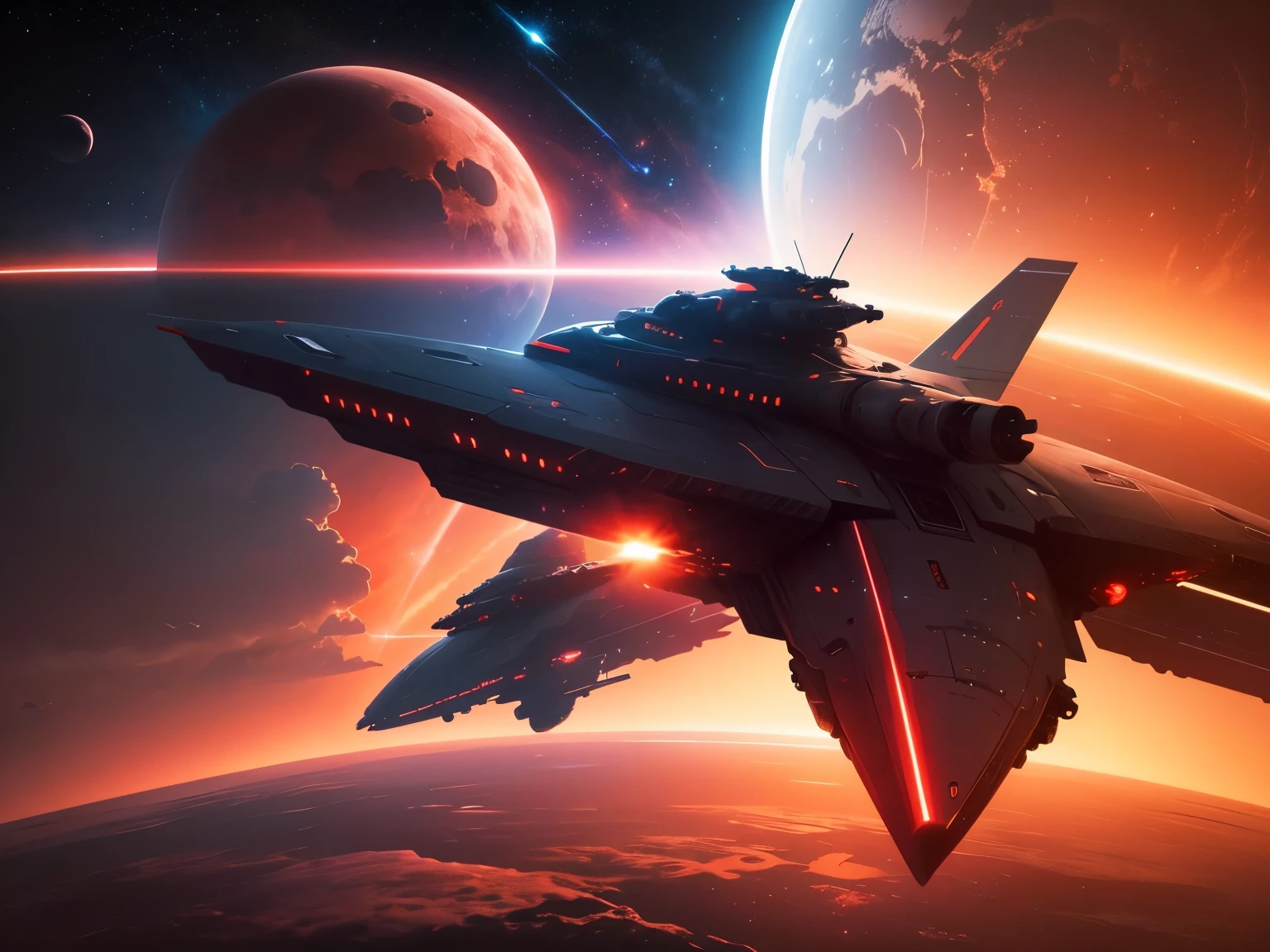 spaceships flying over a planet with a red planet in the background, red sprites in the atmosphere, spaceships flying in background, spaceships flying above, sunset on distant machine planet, spaceships flying around, flying spaceships in background, parked spaceships, floating beside planets, spaceships flying, spaceships in sky, with spaceships in the sky