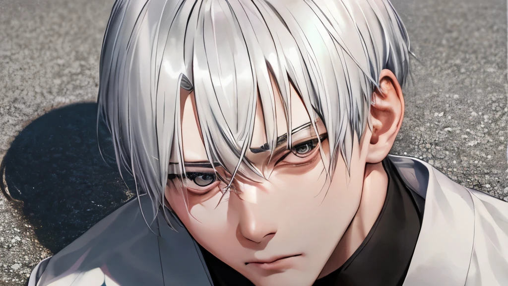 Avatar of a silver-haired man,juvenile,young people,Have bangs,prickly short hair,Japanese manga style,Hold your face with one hand,Hold your face with your hands,Lazy eyes,plain expression,strong light and shadow,Thick coating,Fine detail in light and shadow,White background,wipe blood from face,Looking up slightly,Positive face,front view