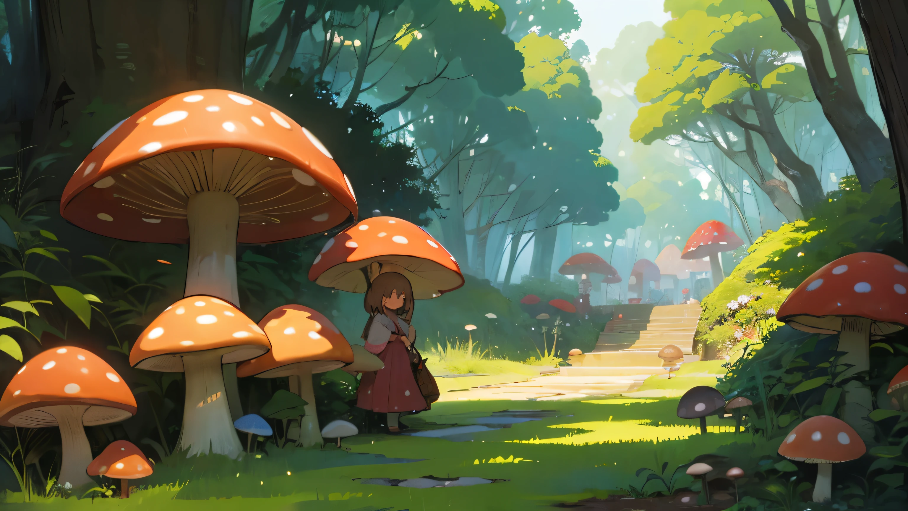 forest、huge mushroom、Little girl hiding under a mushroom to take shelter from the rain、Wonderful colors、garden、sun、tree、Ogia、hills、modern、illustration、rich and colorful、Ideal Printing style，Print，Hayao Miyazaki style，