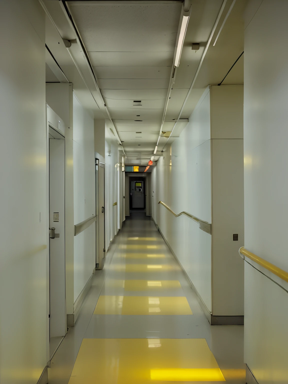 Subway hallway, white hallway, yellow sign, no one, light, liminal space, curve in hallway