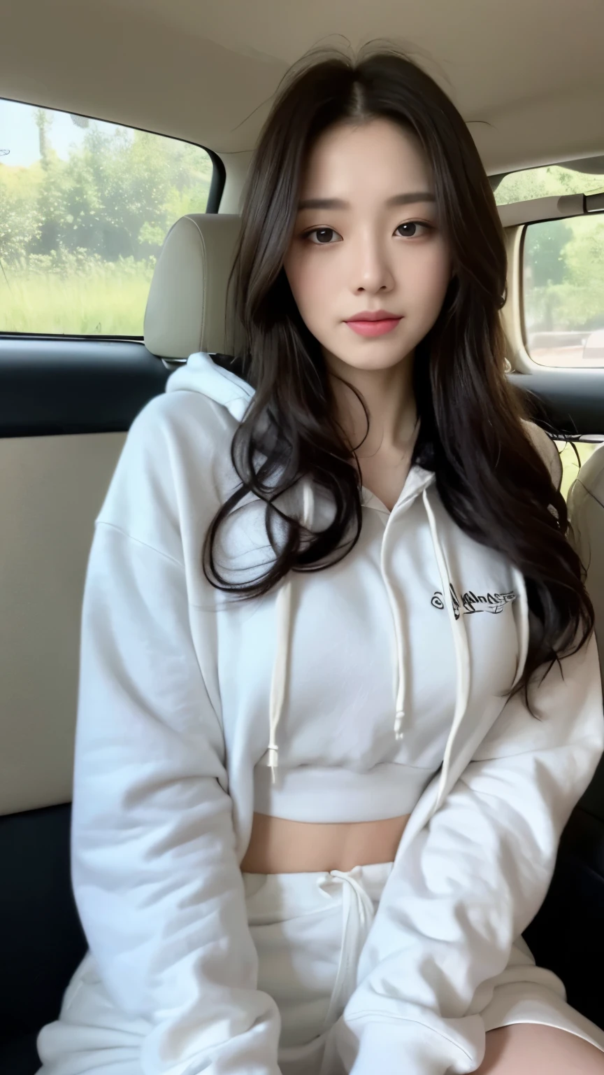 ((top-quality、8k、masterpiece:1.3))、Beautiful woman with perfect body:1.4、slim abdomen:1.2、Longhair, normal breast, Highly detailed facial and skin texture, A detailed eye, delicate eyes, double eyelid, (smile), (full body shot), ((in the car)), ((sitting in the car)), ((wearing white hoodie)), looking in front