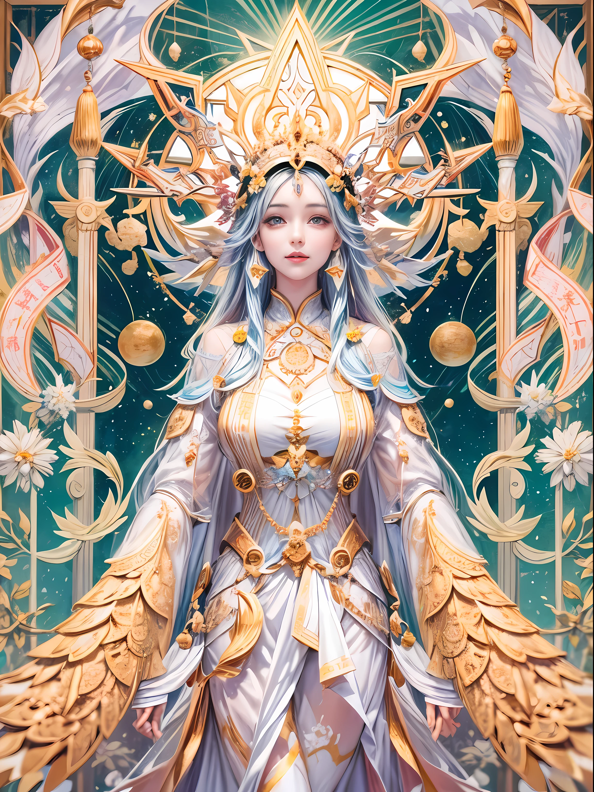 (tarot cards:1.5),(illustration:1.4, paper art, Quilted paper art, geometry),rotational symmetry, (full-body shot:1.4), (Chang'e , moon, Light環, Exquisite headdress, Smile), White background, (Chinese color, Advanced color matching), ( Bokeh, Out of Focus, 柔和的Light, Light, divine thunder, ultra high definition)