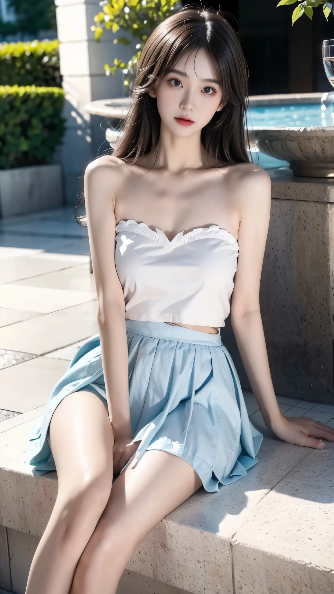 ((knee shot)), Film portrait photography, 1 girl, bare shoulders, The skirt is very short,  Shoulder length wavy hair, plump breasts, cleavage, Slender sexy legs, serene, calm, (逼真Detailed眼睛, natural skin texture, Realistic facial details), Soft dramatic lighting, depth of field, Bokeh, Vibrant details, Detailed, surreal, 35mm film, right hand, correct leg, anatomically correct, masterpiece, best quality