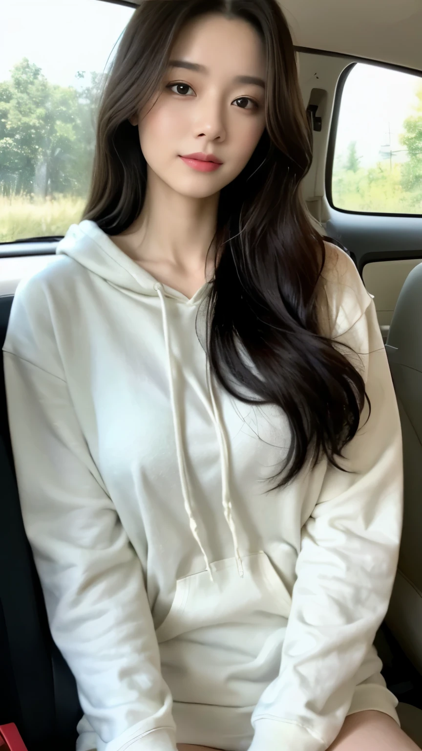 ((top-quality、8k、​masterpiece:1.3))、Beautiful woman with perfect body:1.4、slim abdomen:1.2、Longhair, normal breast, Highly detailed facial and skin texture, A detailed eye, delicate eyes, double eyelid, (smile), (full body shot), ((in the car)), ((sitting in the car)), ((wearing white hoodie)), looking in front