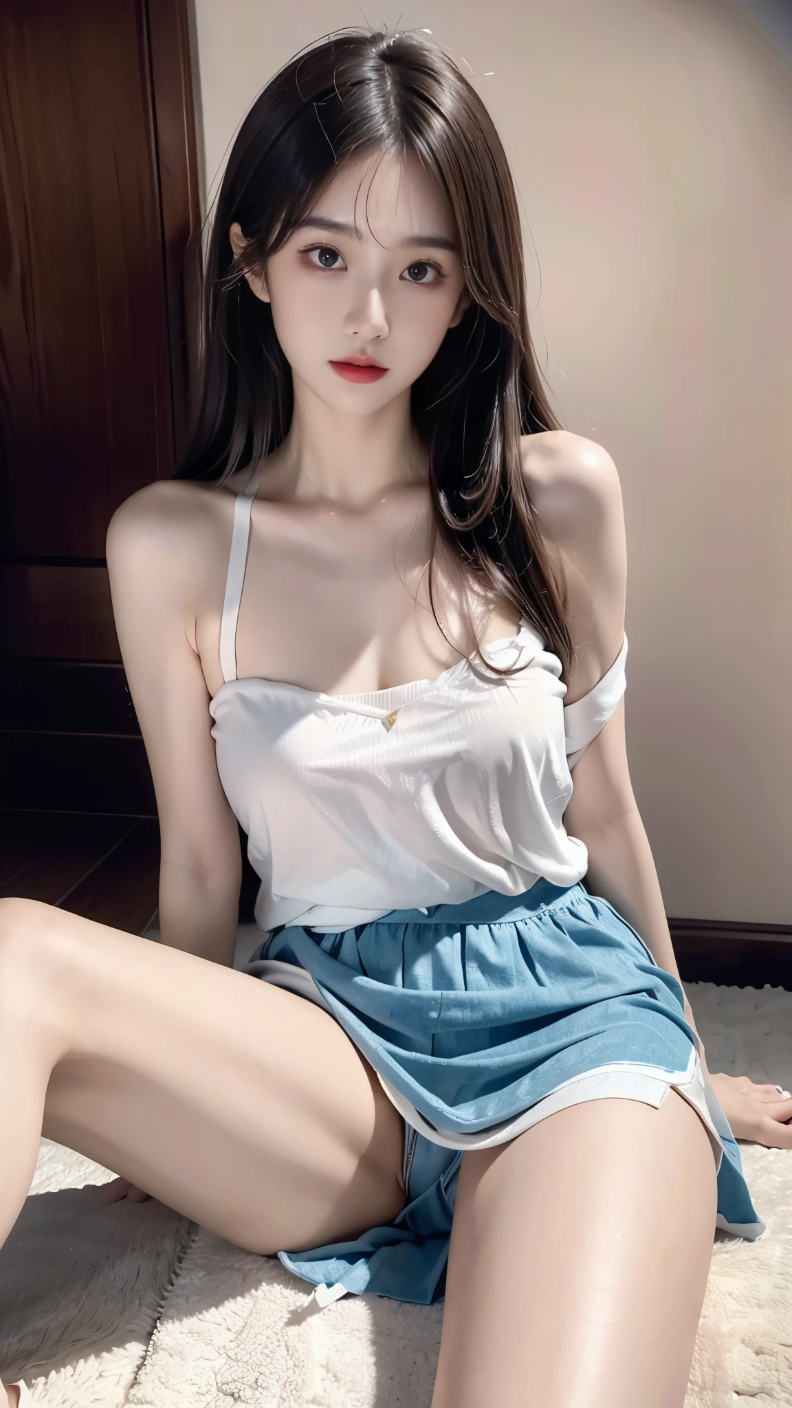 ((knee shot)), Film portrait photography, 1 girl, bare shoulders, The skirt is very short, Shoulder length wavy hair, plump breasts, cleavage, Slender sexy legs, serene, calm, (逼真Detailed眼睛, natural skin texture, Realistic facial details), Soft dramatic lighting, depth of field, Bokeh, Vibrant details, Detailed, surreal, 35mm film, right hand, correct leg, anatomically correct, masterpiece, best quality