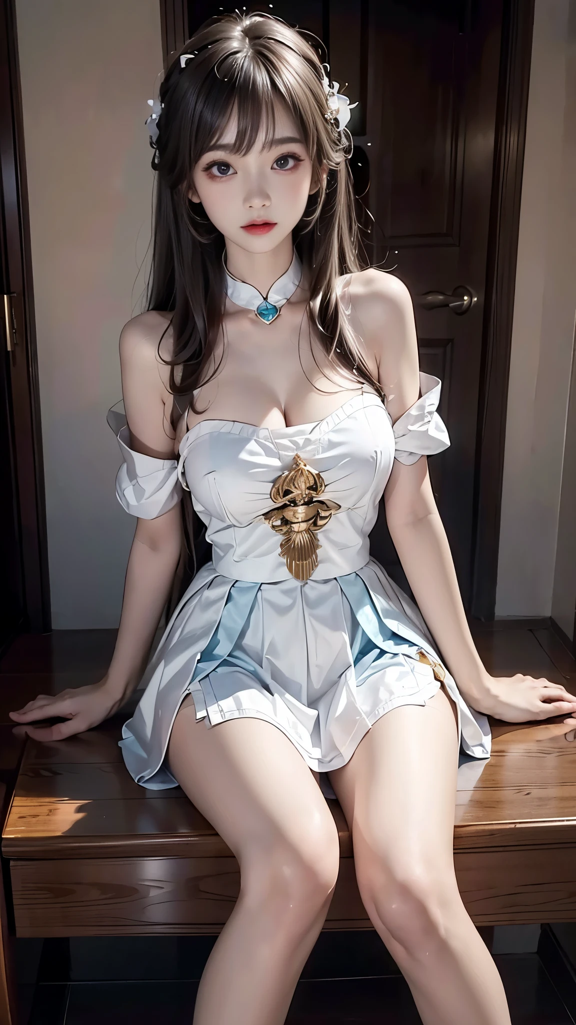((knee shot)), Film portrait photography, 1 girl, bare shoulders, The skirt is very short, Shoulder length wavy hair, plump breasts, cleavage, Slender sexy legs, serene, calm, (逼真Detailed眼睛, natural skin texture, Realistic facial details), Soft dramatic lighting, depth of field, Bokeh, Vibrant details, Detailed, surreal, 35mm film, right hand, correct leg, anatomically correct, masterpiece, best quality
