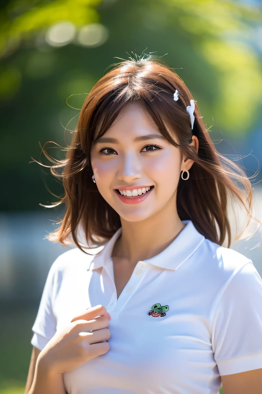 (8k, RAW photo, highest quality, High resolution: 1.1), (Ultra realistic: 1.4), (realistic, realistic: 1.3), soft light, big, girl, realistic Face, realistic Body, realistic Skin, confused, masterpiece, (cute: 1.8), cuties, alone, (big: 1.2), fine black eyes, innocent eyes, cheek, (T-shirt: 1.2), cinema light, film grain, jewelry, white polo shirt, earrings, ((Floating Hair novafrog Style)), cherry color lip, hair ribbon, hair ribbon, close, look viewer, Upper body, open lips, upper teeth, (smiling eyes: 0.6), (grin and laugh: 1.2)), Depth of written boundary, blurred background, focus of the eye, Bokeh, young, 85mm lens, f/1.4, professional lighting, young, portrait, photon mapping, radio city, Physically based rendering, No bra