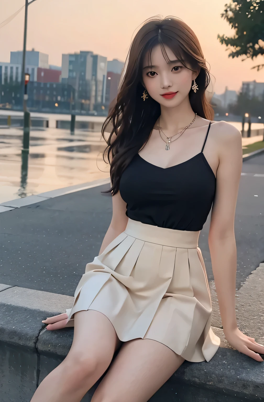((Jon,hair)), stand up, (Extremely exquisite and beautiful work), (masterpiece), 1 girl, Delicate pleated skirt,The shoulders are heavy,beautiful legs, Very detailed, 长白hair,Full body female love, charming微笑, beautiful and clear eyes, exquisite necklace, exquisite earrings, extremely detailed description, beautiful big breasts,delicate face, Thin clavicle,charming嘴唇, Behind Softnesix4,(8k, original photo, best quality, masterpiece:1.2), (realistically, Real shot:1.4), 1 girl, charming, The square after heavy rain,Physically based rendering, Full body female love