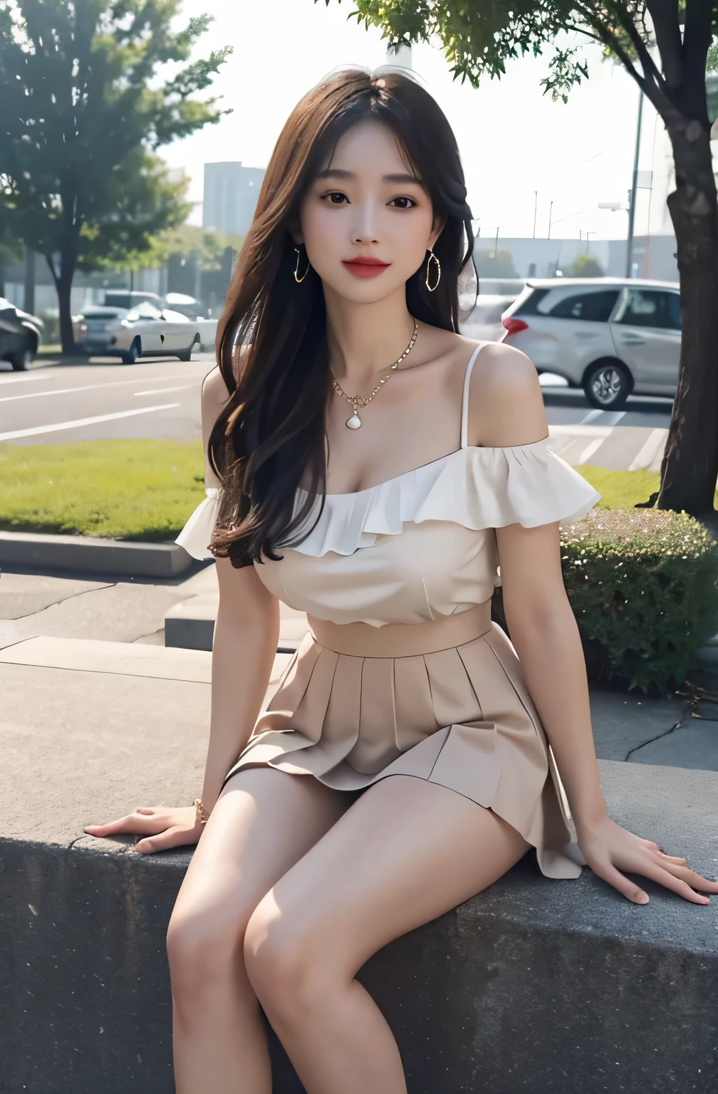 （（Jon，hair））， stand up， （Extremely exquisite and beautiful work）， （masterpiece）， 1 girl， Delicate pleated skirt，The shoulders are heavy，beautiful legs， Very detailed， 长白hair，Full body female love， charming微笑， beautiful and clear eyes， exquisite necklace， exquisite earrings， extremely detailed description， beautiful big breasts，delicate face， Thin clavicle，charming嘴唇， Behind Softnesix4，（8k， original photo， best quality， masterpiece：1.2）， （realistically， Real shot：1.4）， 1 girl， charming， The square after heavy rain，Physically based rendering， Full body female love