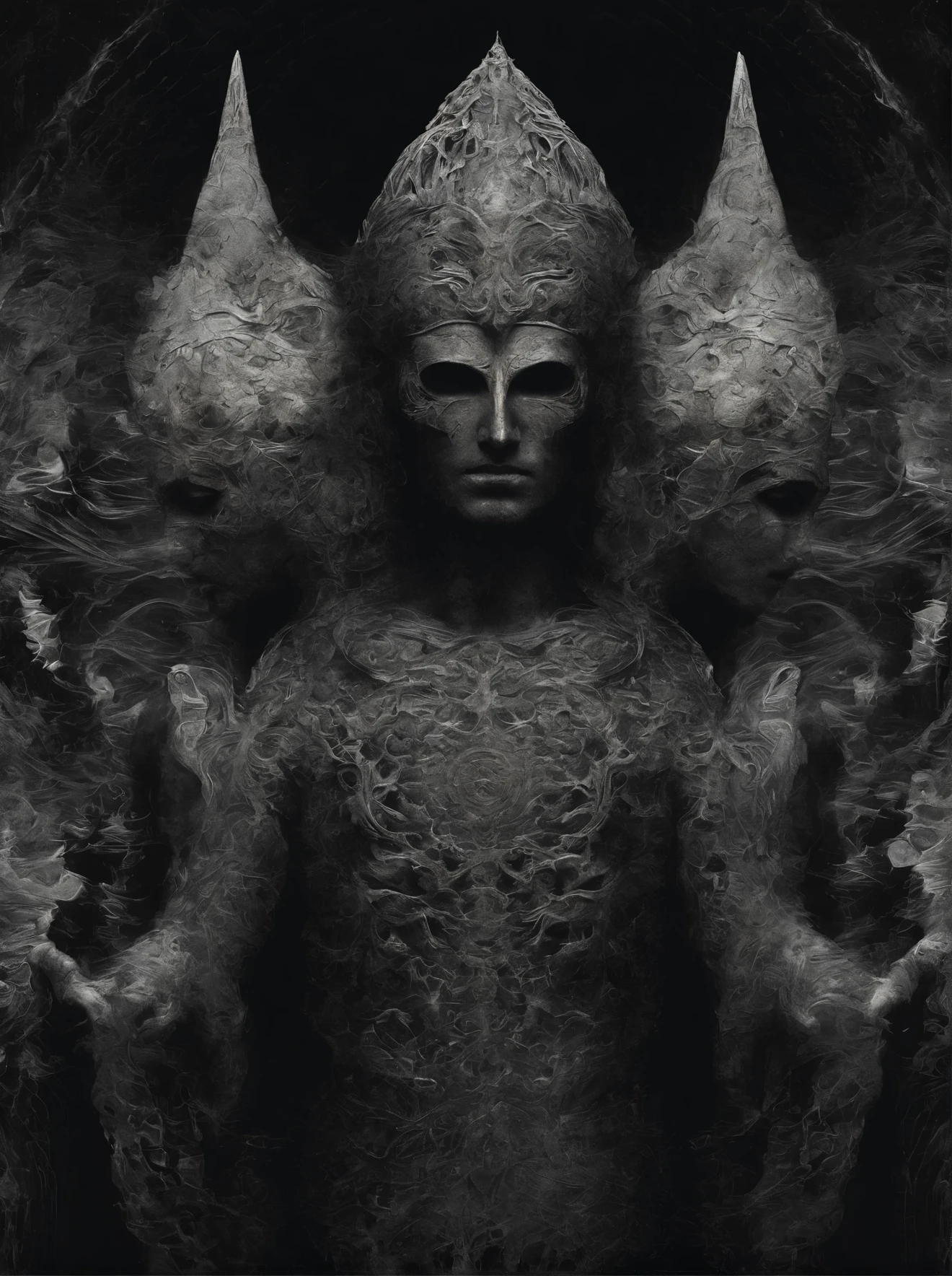 A symmetric composition featuring two divine figures facing each other.
On the left, a radiant deity of light, embodying purity and enlightenment. Their features are serene, eyes bright with wisdom, adorned in golden robes and a halo of blinding radiance.
On the right, a formidable deity of darkness, symbolizing mystery and power. Their countenance is stern, eyes deep with secrets, clad in black armor and surrounded by swirling shadows.
Both gods are positioned in a mirror-like symmetry, their poses complementing each other. The background fades into a gradient of light and dark, enhancing the contrast between the two divine beings.
Capture the essence of their divine nature, the balance of light and dark, and the powerful dynamism of their confrontation