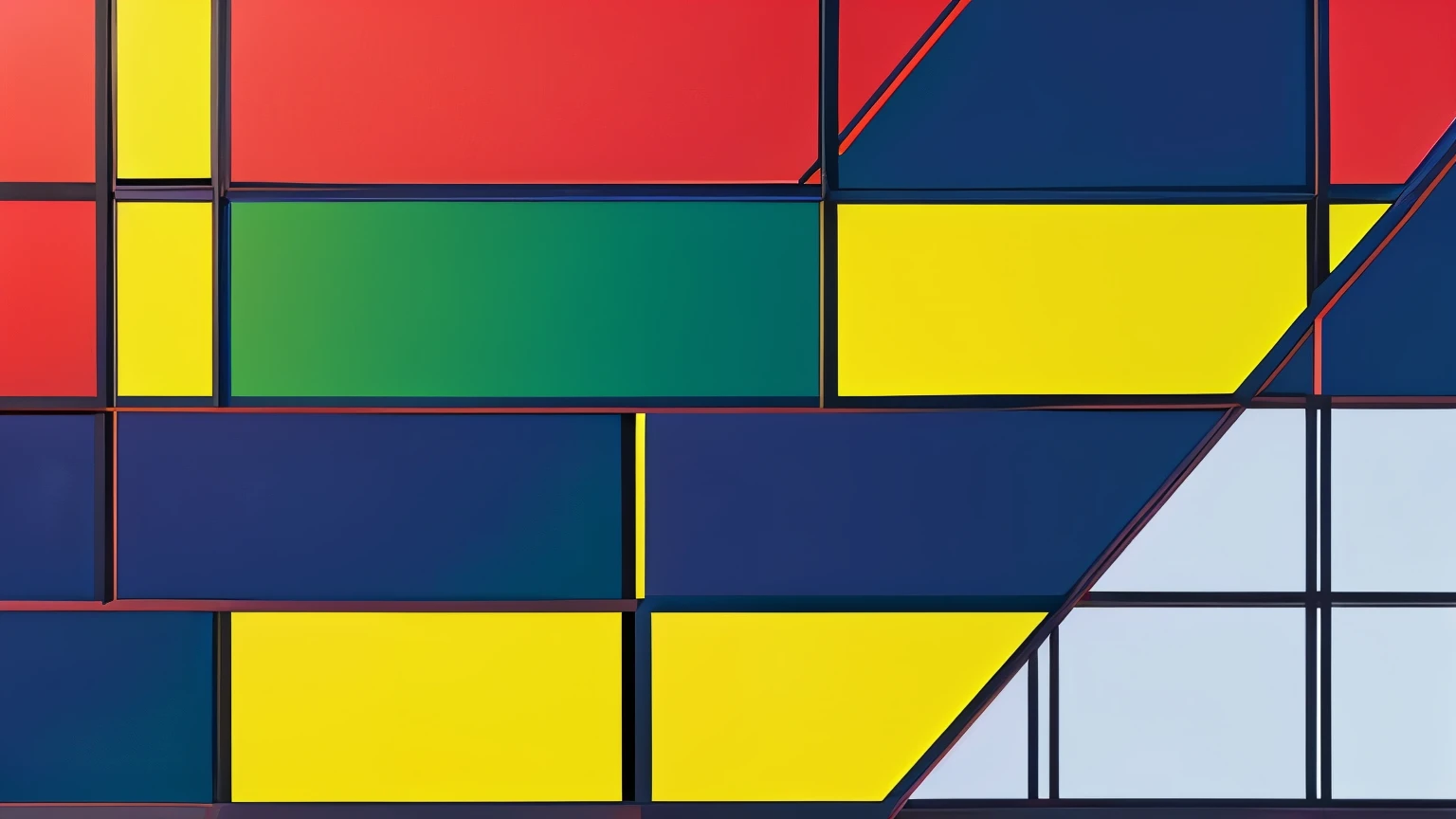 Render an abstract geometric composition inspired by the artistic style of Piet Mondrian. Utilize a grid-based structure with intersecting black lines dividing the canvas into rectangular sections. Within these sections, incorporate bold, saturated colors from the primary color palette - pure reds, blues, and yellows against a stark white background. The arrangement of the colored planes should create a balanced, harmonious design with a strong visual impact. Ensure the colors are layered and combined in a way that produces vibrant contrasts and optical effects. The overall image should exude a sense of simplicity and orderliness while still appearing dynamic and visually striking through the interplay of vivid hues and precise geometric forms."