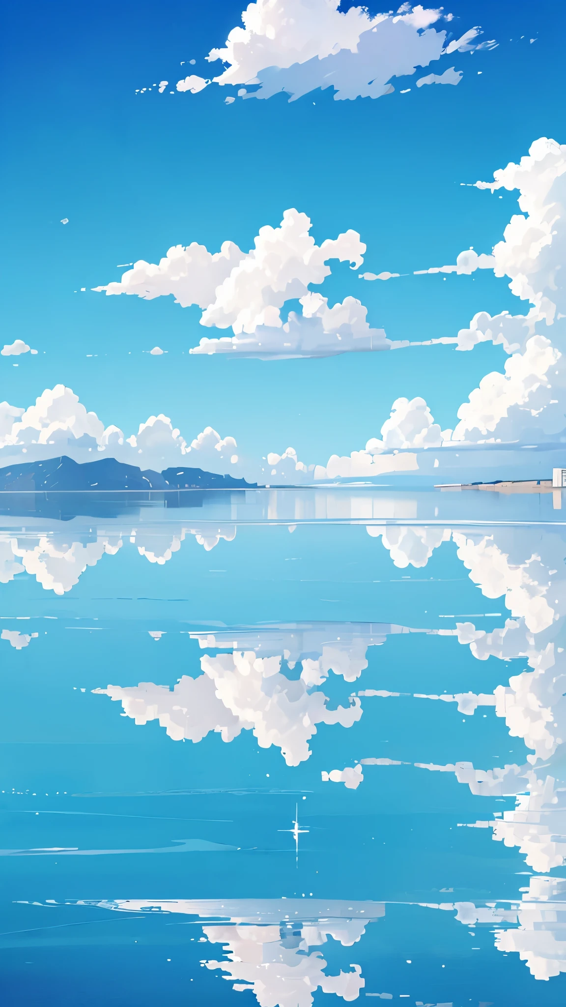 Blue sky and sea，water平线，Blue sky and white clouds reflected on the sea，(reflective_water:1.3),（Symmetrical up and down），Symmetrical beauty