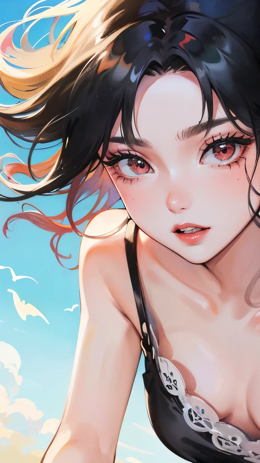 young girl black hair short hair red eyes irreverent face look down thin body thin thighs small breasts small ass toned body blue sky cloud hair blowing in the wind high quality High resolution 8k vampire watercolor natural feel bridge of the nose ((最high quality)), ((masterpiece)), (get used to it), dignified face grassland close up of face Beautiful as a goddess whole face lipstick eye shadow naked ID photo style one piece long eyelashes Accurate No decoration Bare skin No accessories In underwear 全naked 8 life size