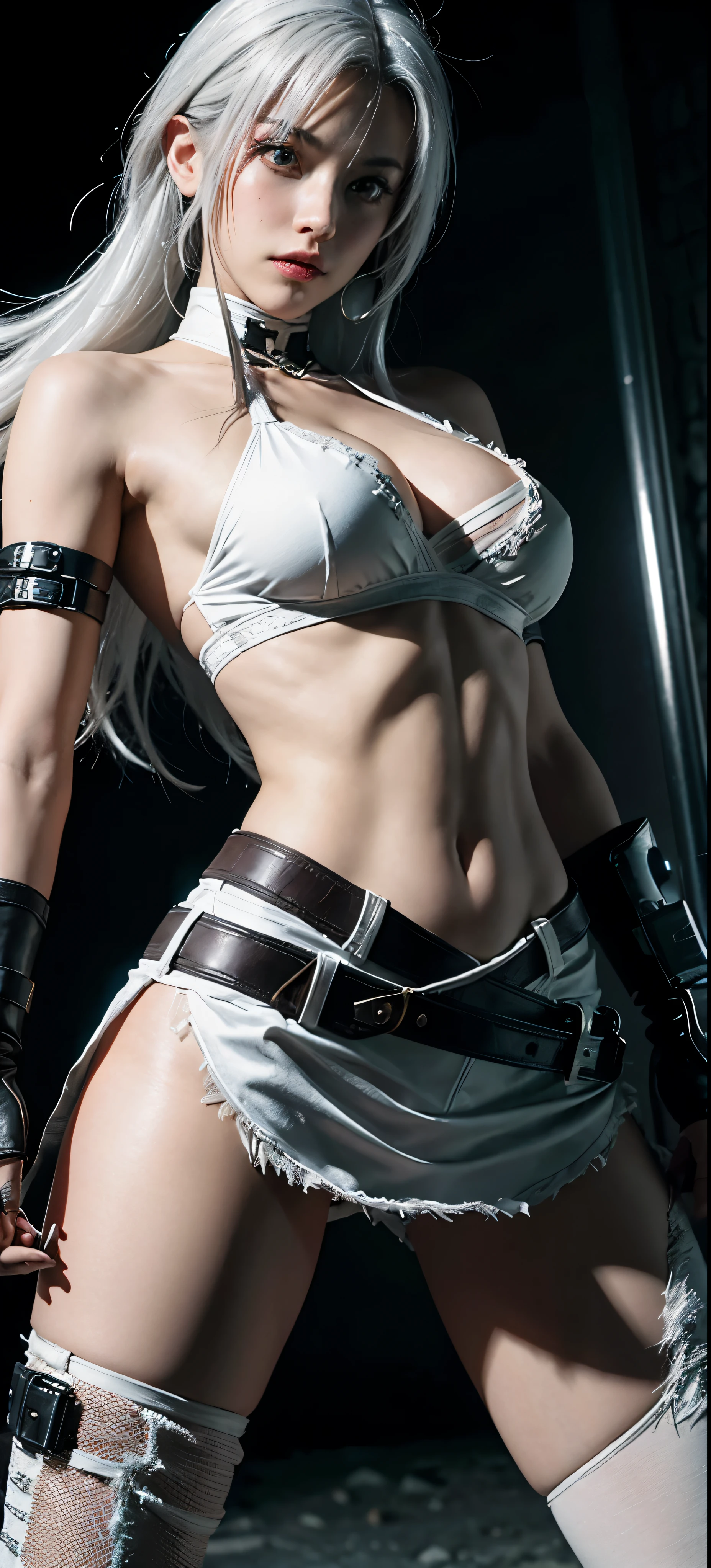 a close up of a person in a costume with a sword, as a character in tekken, female character, tifa lockhart with white hair, katana zero video game character, lunar themed attire, kda, slim body, cyborg - girl with silver hair, upper body avatar, (( medium breast;1.2)), fashion gameplay screenshot, fighting game character, new character, floralpunk elysian maiden, sigma female