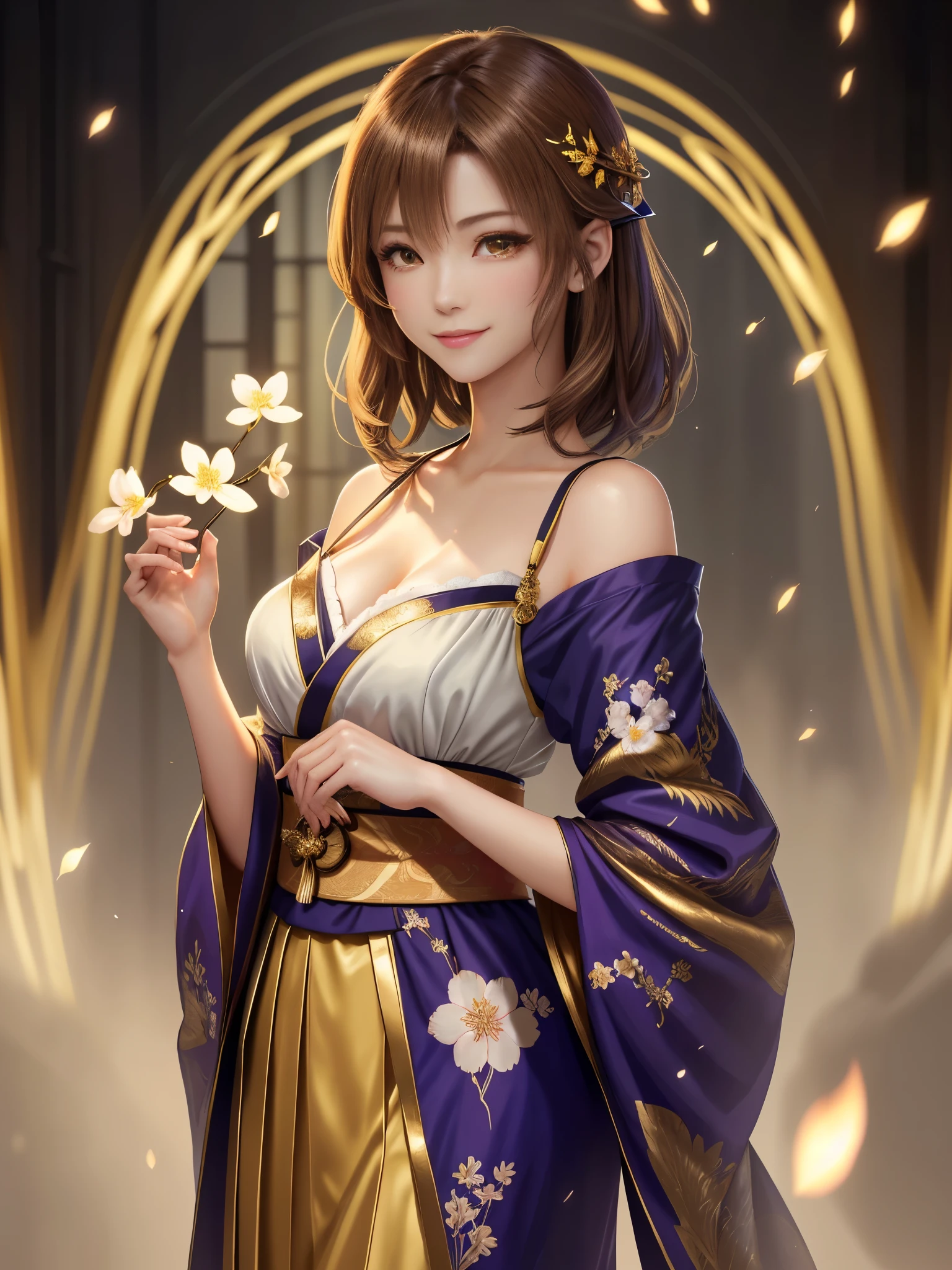 masterpiece , best quality,smile,smile,small face,shoulder exposure,golden kimono,less cleavage exposure,light brown hair,beautifully curled hair,slender body shape,brown eyes,Contrast faithfully reproduced,short hair,Beautiful short hair,Berry Short,short cut hair,just one person,precision quality,Faithfully reproduced eyes, The surroundings are shining gold,golden aura around the body,golden shining background,masterpiece,night,nightの背景,golden background,cherry blossom background,beautiful details, colorful, delicate details, delicate lips, intricate details, genuine, ultrargenuineista, 枝に座っている色とりどりの髪のFoxを持つ女の子:Mature, bright eyes, ,色とりどりのFox, raposa de nine tails, 三尾Fox, 三尾Fox, onmyoji detail art, beautiful fine art illustration, mythical creatures, Fox, beautiful digital art,shrine maiden,hold hands,exquisite digital illustration, mizutsune, Inspired by mythical wild web creatures, pixiv in digital art, shining light, high contrast, Mysterious,