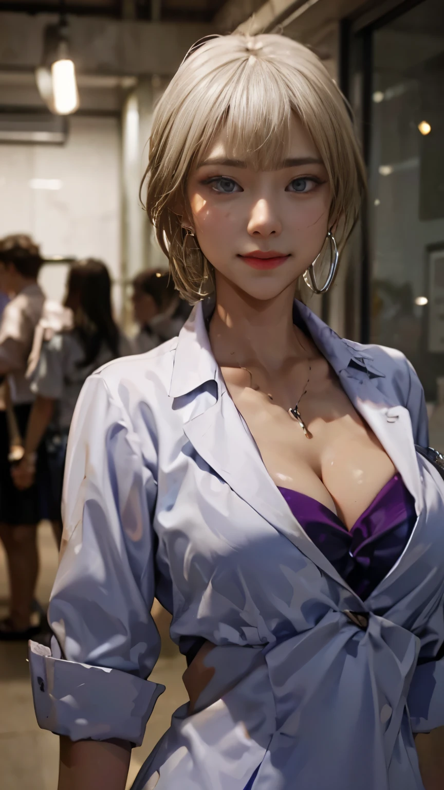 highest quality、real photo RAW, masterpiece, formal, cinematic lighting、(key light：Front diagonal 45 degrees, fill light、Backlight、shadow、blue and orange color palette), accurate human body、detailed person、Correct five-finger、

(dripping sweat、oil skin,Sparkling肌、realistic skin texture、detailed beautiful skin、shiny skin、shiny skin)

 (Mature women standing in a line sticking out towards the viewer:1.4),  (detailed pupil, perfect eyes:1.2), (Shiny clothes that reflect light and are very wrinkled:1.2), Sparkling, Sparklingした金色, (hoop earrings), necklace, latex, glamorous perfect female proportions, enchanting smile,  fine surface texture,   high school girl、、short hair、High School Clothes、A girl wearing a blazer、(((big breasts))), big cleavage