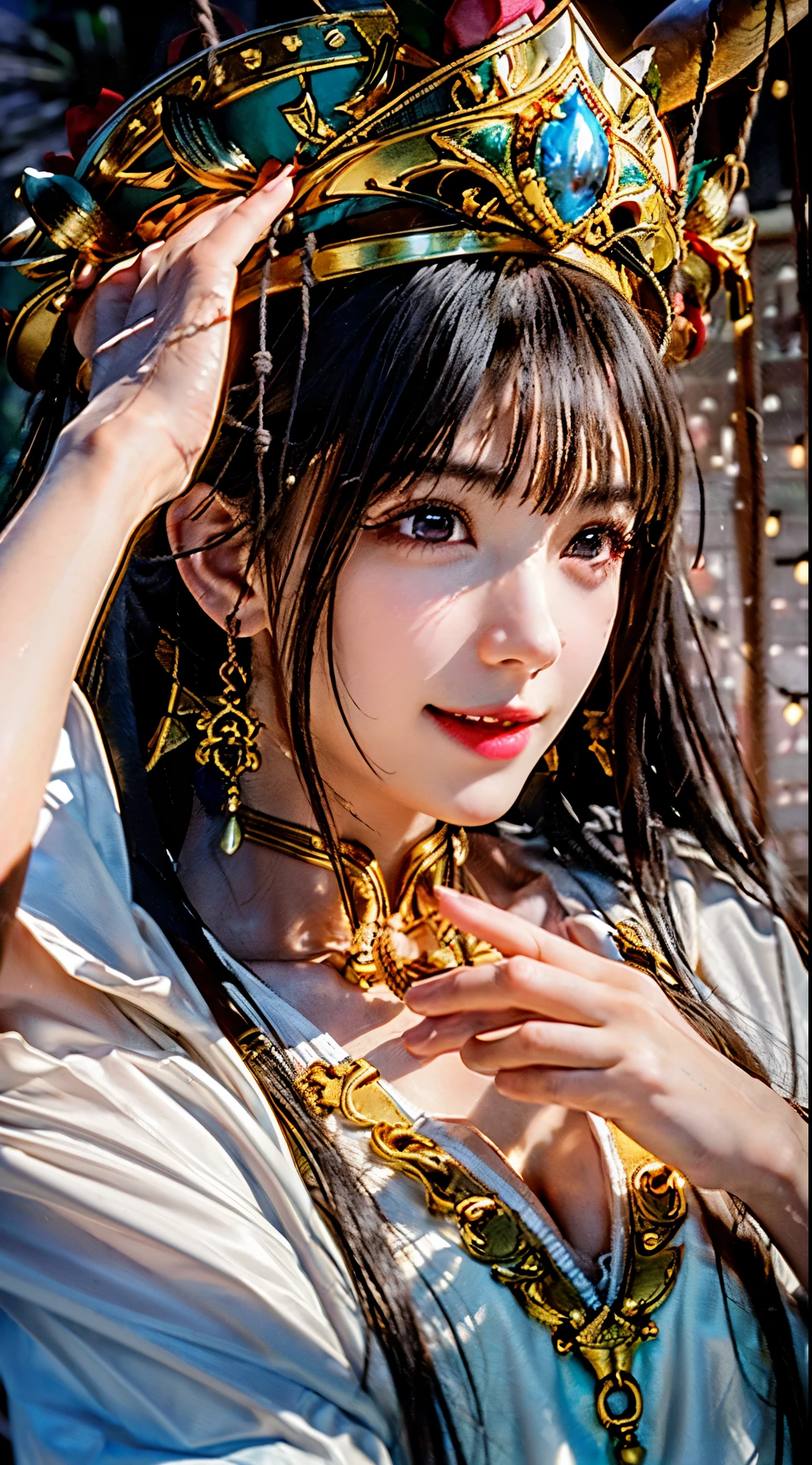 (Otherworldly, Otherworldly atmosphere, Otherworldly appearance), Very detailed, masterpiece, Highest quality, Highest quality, High resolution, 4K, 8k, RAW Photos, (length_hair, length hair), collar, Earrings, jewelry, eyeliner, compensate, hair over one eye, (Dynamic pose), (dynamic weather), (Dynamic Background), One girl, moon, night, Mountain, Red Micro Bikini