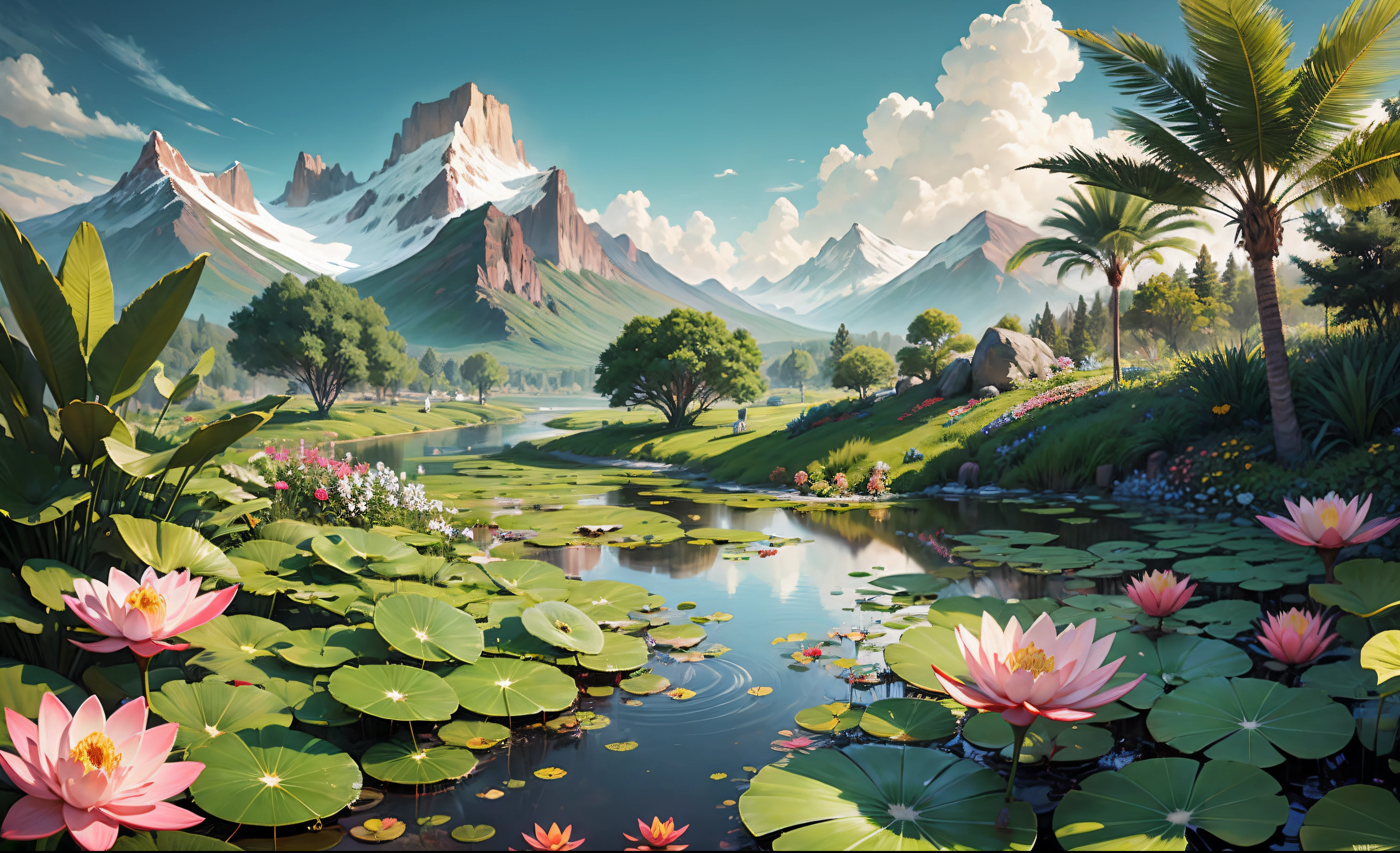 Tropical flower garden, oasis, stream, pond, lilly pads, lotus flowers, orchids, a rocky mountain range of New Europa, Terraformed Landscape, Roger Dean -- ar 3 ;3 --auto --s2