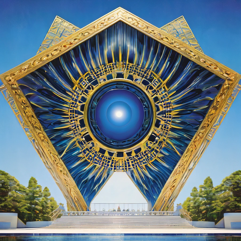 Symmetry, aesthetic, extremely detailed, symmetrical, Stunning, premium, Illustration, mid shot, Symmetry, intrigued, in the center, geometric patterns, symmetrical design, modern architecture, clear blue sky, natural light, high-resolution, authentic, minimalistic, clean lines, balanced composition, detailed, oil painting, realistic, crisp, vivid colors, soft glow, contrast, Alex Ross, Yoshitaka Amano, J.H. Williams III, H.R. Giger.