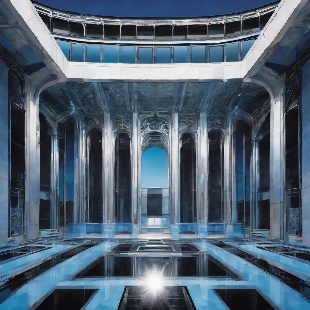 Symmetry, aesthetic, extremely detailed, symmetrical, Stunning, premium, Illustration, mid shot, Symmetry, intrigued, in the center, geometric patterns, symmetrical design, modern architecture, clear blue sky, natural light, high-resolution, authentic, minimalistic, clean lines, balanced composition, detailed, oil painting, realistic, crisp, vivid colors, soft glow, contrast, Alex Ross, Yoshitaka Amano, J.H. Williams III, H.R. Giger.