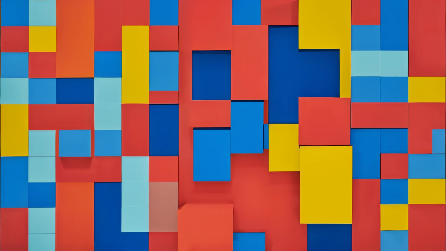 Generate an abstract geometric composition inspired by the precise color studies of Joseph Albers. Use flat, nested squares or rectangular shapes arranged in a concentric format against a neutral background. Each shape should be rendered in a pure, saturated primary color - red, blue, or yellow. However, the arrangement and layering of these colored forms should create powerful optical illusions and visual effects. Employ vibrant complementary color combinations and experiment with perceived changes in hue, intensity, and depth based on the interaction of adjacent colors. The end result should be a visually striking and deceptively complex image that celebrates the optical power of color and form, reminiscent of Albers' iconic Homage to the Square series.