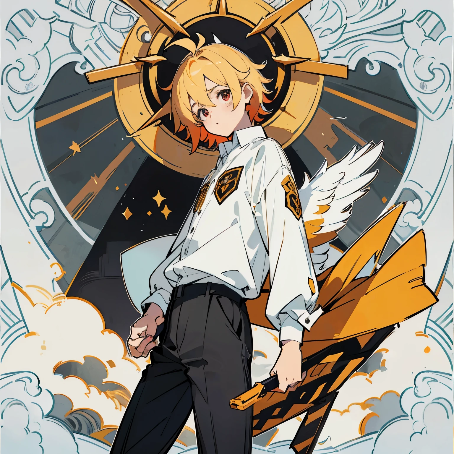 Produce una imagen de un joven masculino con camisa a cuadros de blanco y negro pelo de color blanco y negro con cuernos de toro negros y cadenas de cuerno a cuerno de color dorado pantalones negros, ojos rojos y lentes con cruces
