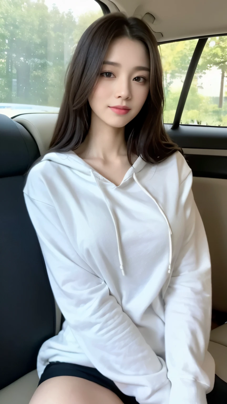 ((top-quality、8k、​masterpiece:1.3))、Beautiful woman with perfect body:1.4、slim abdomen:1.2、Longhair, normal breast, Highly detailed facial and skin texture, A detailed eye, delicate eyes, double eyelid, (smile), (full body shot), ((in the car)), ((sitting in the car)), ((wearing white hoodie)), looking in front