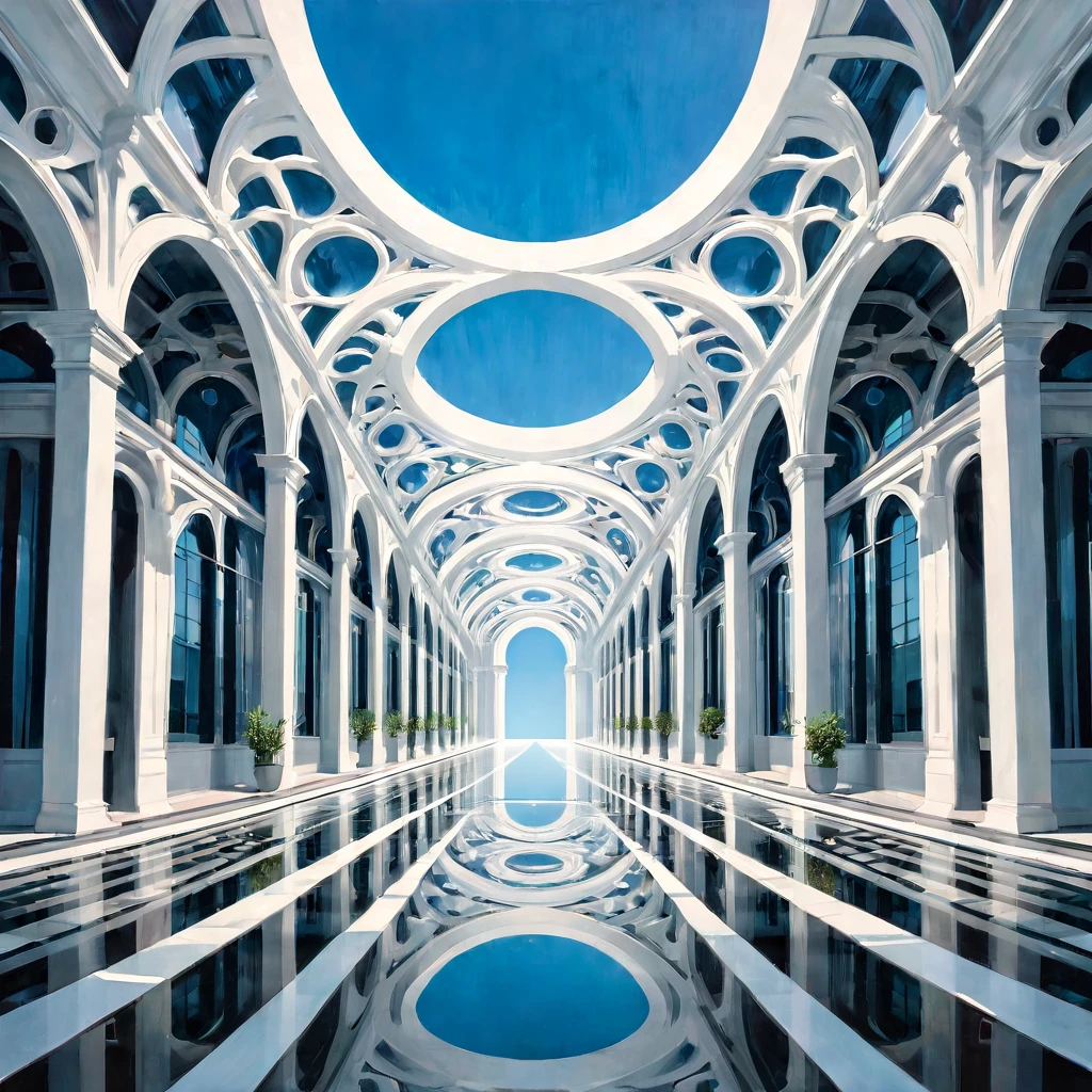 Symmetry, aesthetic, extremely detailed, symmetrical, Stunning, premium, Illustration, mid shot, Symmetry, intrigued, in the center, geometric patterns, symmetrical design, modern architecture, clear blue sky, natural light, high-resolution, authentic, minimalistic, clean lines, balanced composition, detailed, oil painting, realistic, crisp, vivid colors, soft glow, contrast, Alex Ross, Yoshitaka Amano, J.H. Williams III, H.R. Giger.