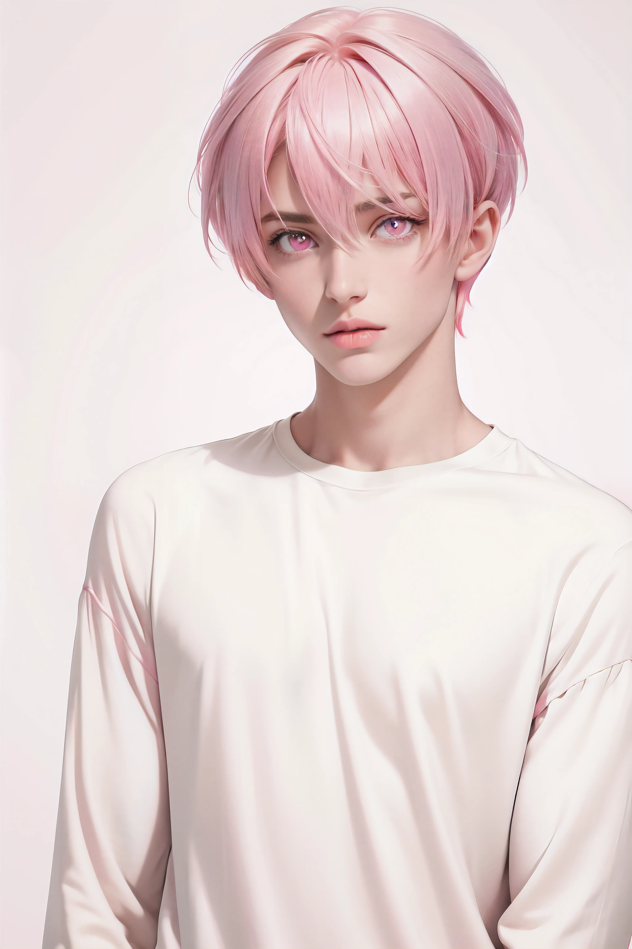 (masterpiece,best quality,ultra_detailed,highres,absurdres),1 mature male, 30-ish, (wide shoulder), ((no chest hair)), male focus, solo, buzz cut hair (Pink hair : 1.3) with Soft Fringe (bangs part on side 3:7 ratio), simple background, (pink eyes :1.3), upper body, short hair, looking at viewer, parted lips, wet hair, open beige shirt, long sleeves, showing a bit of muscles, bedroom background.
