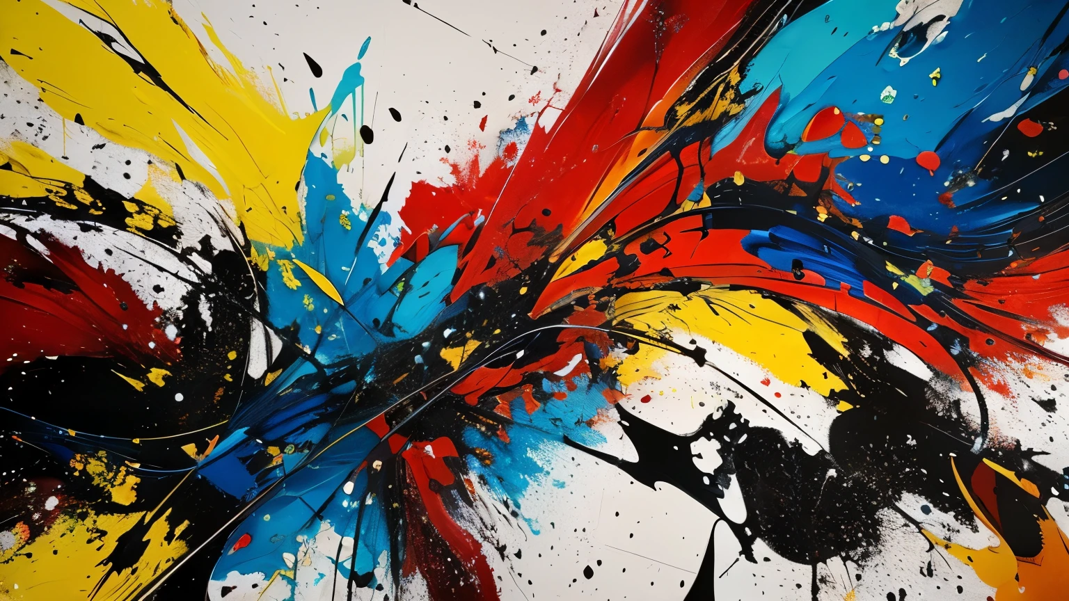 Render a large-scale abstract expressionist painting evocative of Jackson Pollock's iconic drip technique. The canvas should appear energetic and dynamic, with an all-over composition created by intricate splatters, drippings, and poured paint applications. Use a bold palette of primary colors - red, blue, and yellow - combined and layered in a seemingly random yet visually compelling way. Incorporate thick impasto textures by allowing the paint to pool and drip naturally. The end result should be a visually striking, almost chaotic composition that exudes a sense of motion, energy, and raw emotion through the vivid interaction of color, line, and texture. Despite the apparent lack of structure, the image should exhibit an overall harmony and balance that draws the viewer's eye across the entire energy-filled surface.