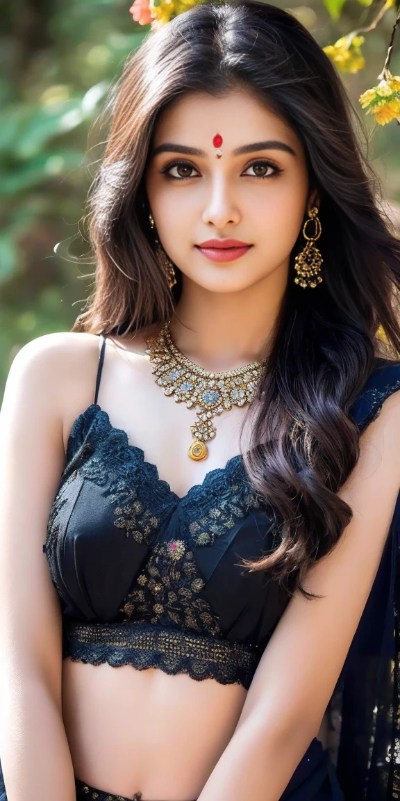 8K, ultra high detailed, an indian girl, cute face, happy, long hair, impressive hairstyle, detailed eyes, detailed lips, indian clothes, saree, black saree, lace, wearing jewellery, nature background, flowers, afternoon, shadow, clear weather, whole body capture,