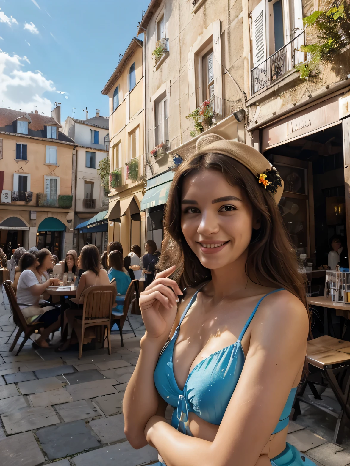 (best quality,high resolution,ultra-detailed:1.2), HDR, Couleurs vives, belle fille, Place de Barcelone,BIKINI Atmosphère animée, architecture de charme, colorful flowers, Gens heureux, vue imprenable, cozy coffee, Repas en plein air, sunny weather, elegant dress, Chapeau Élégant, expression joyeuse, cheveux longs et flottants, artistes de rue dynamiques, Lively crowd, musiciens de rue, stands de nourriture alléchants, REPERES historiques, mosaic pavé, decorative fonts, palmiers, Ciel bleu, chaud soleil, rire et rire, moments d'insouciance