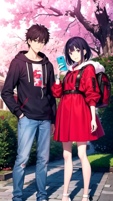 boys, ,One holds a backpack,Background of a cherry blossom tree