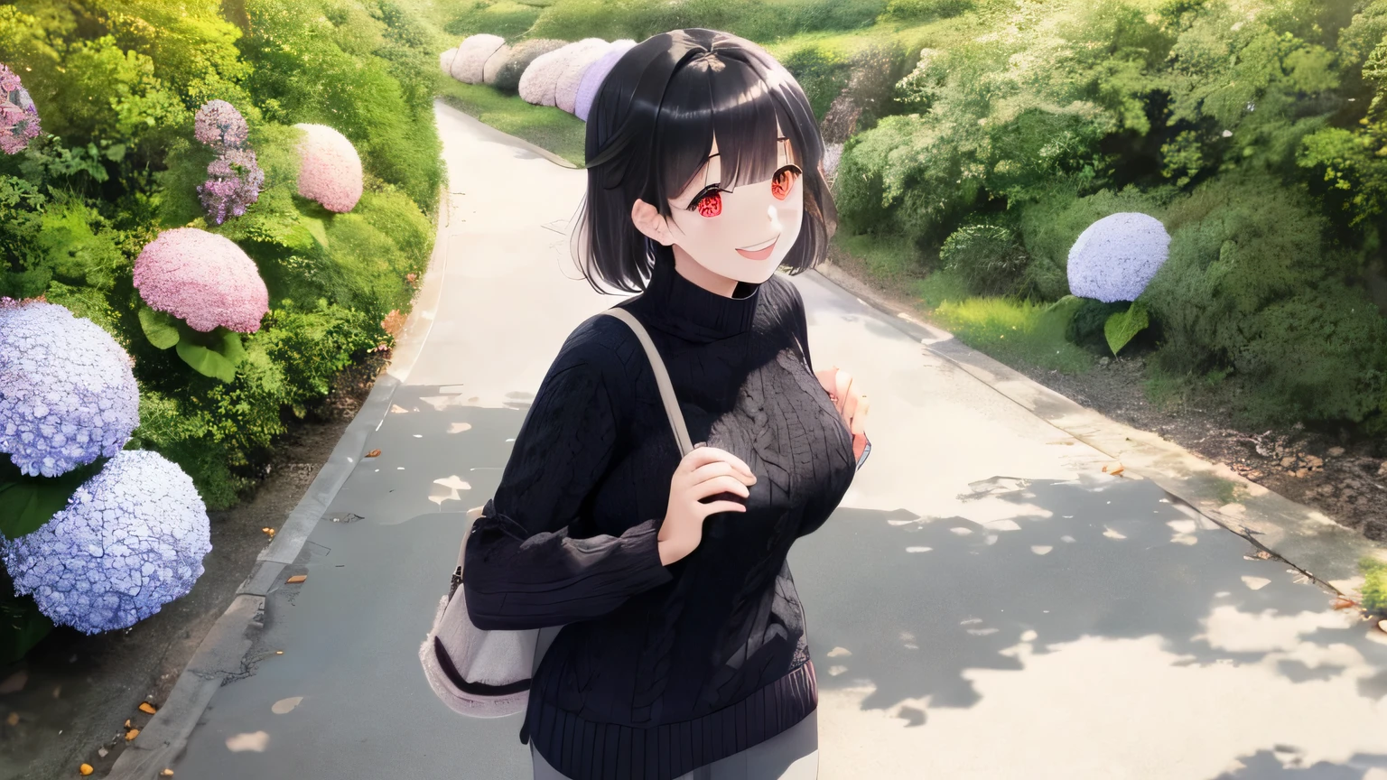 adult woman、red eyes、Big eyes、big smile、black wolf cut、white knit sweater、Walk along the path where hydrangeas bloom