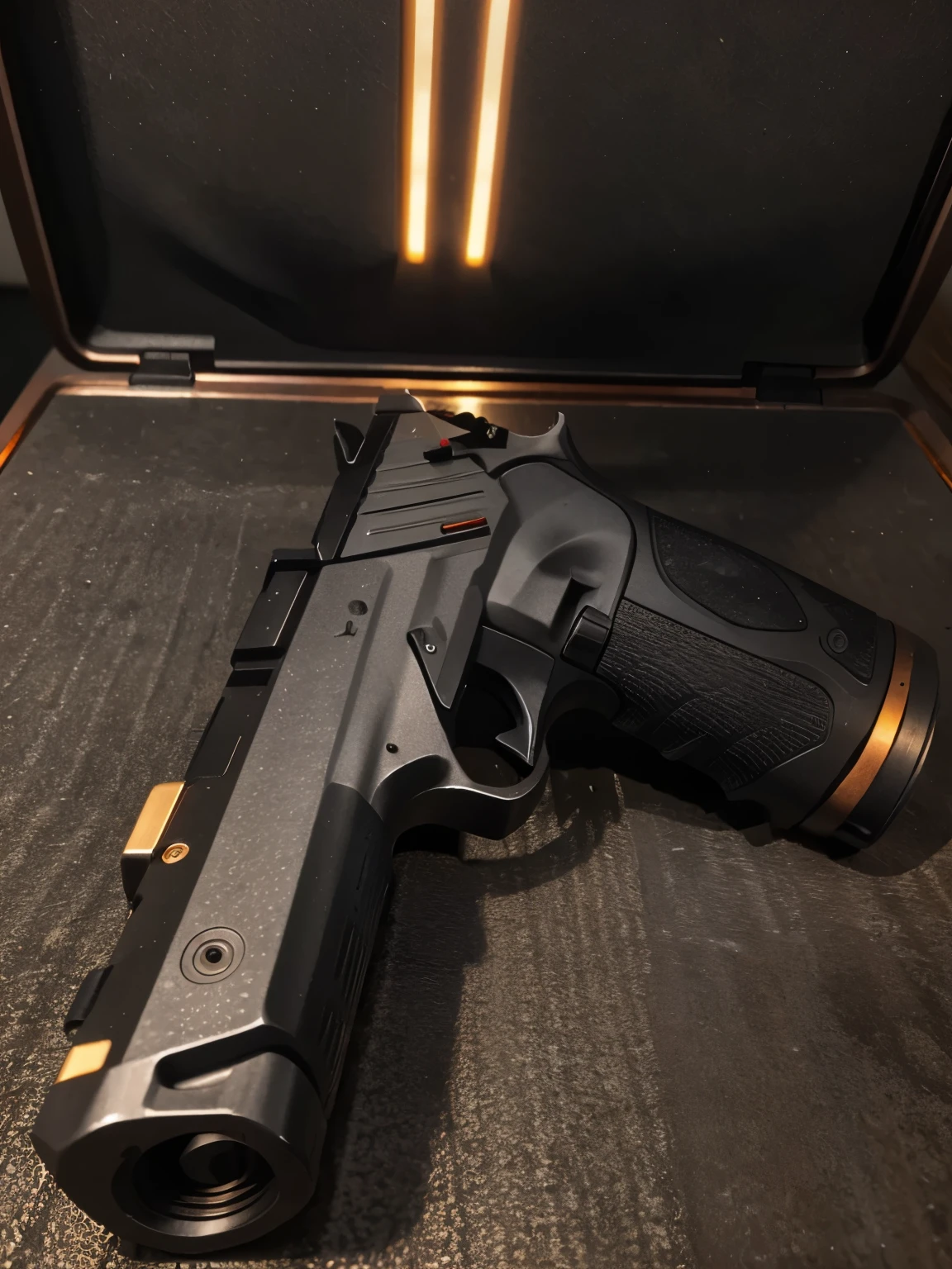 A 30mm handgun, double stack magazine lying on the side, straight etched lines on the slide, trigger like glock, trigger guard mounted laser , decocker,metallic grey upper body, copper, gold and black metal handle.