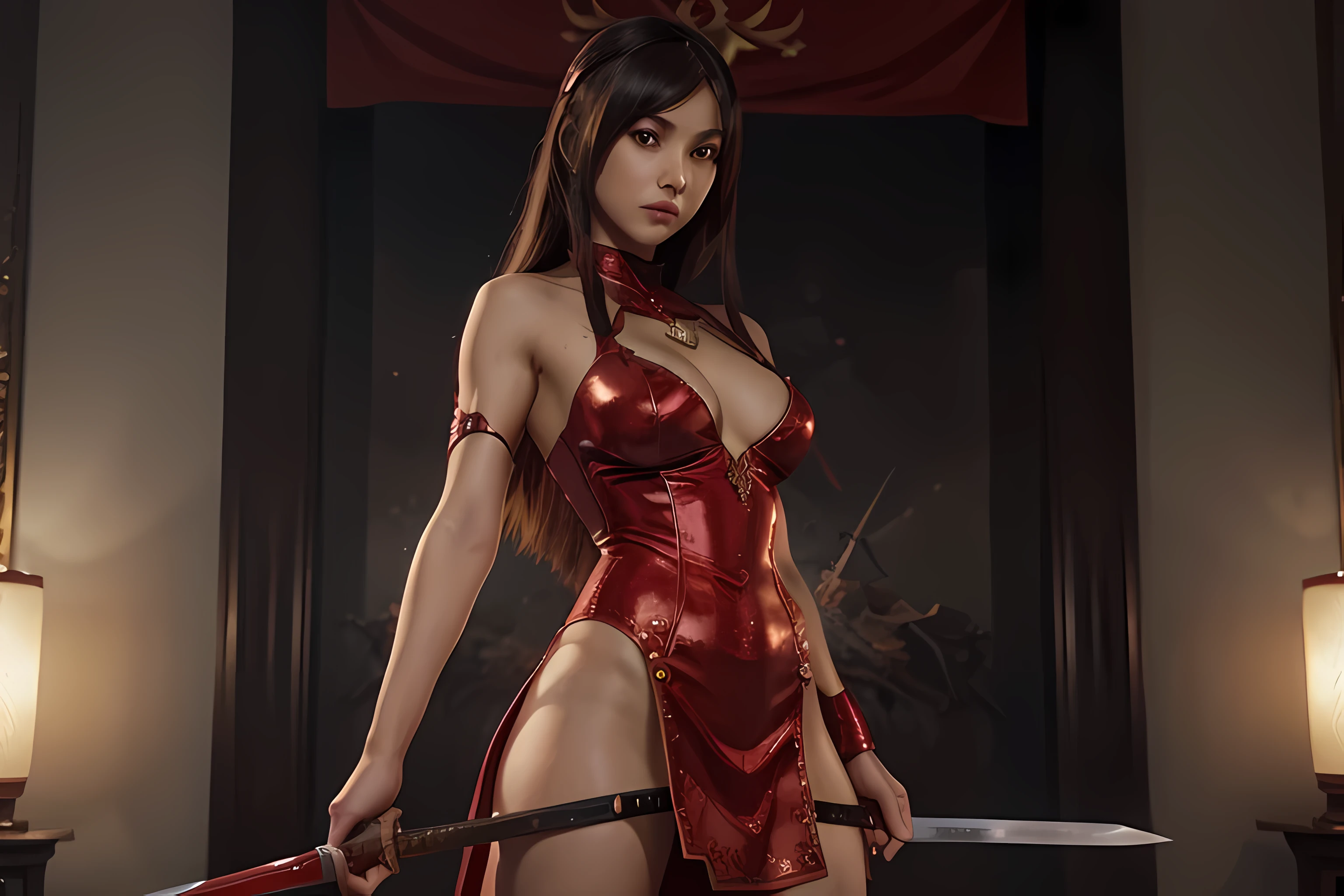 a woman in a red dress holding a sword and a sword, extremely detailed artgerm, seductive anime girl, 2. 5 d cgi anime fantasy artwork, artgerm. anime illustration, range murata and artgerm, artgerm. high detail, artgerm detailed, beautiful alluring anime woman, wlop and artgerm
