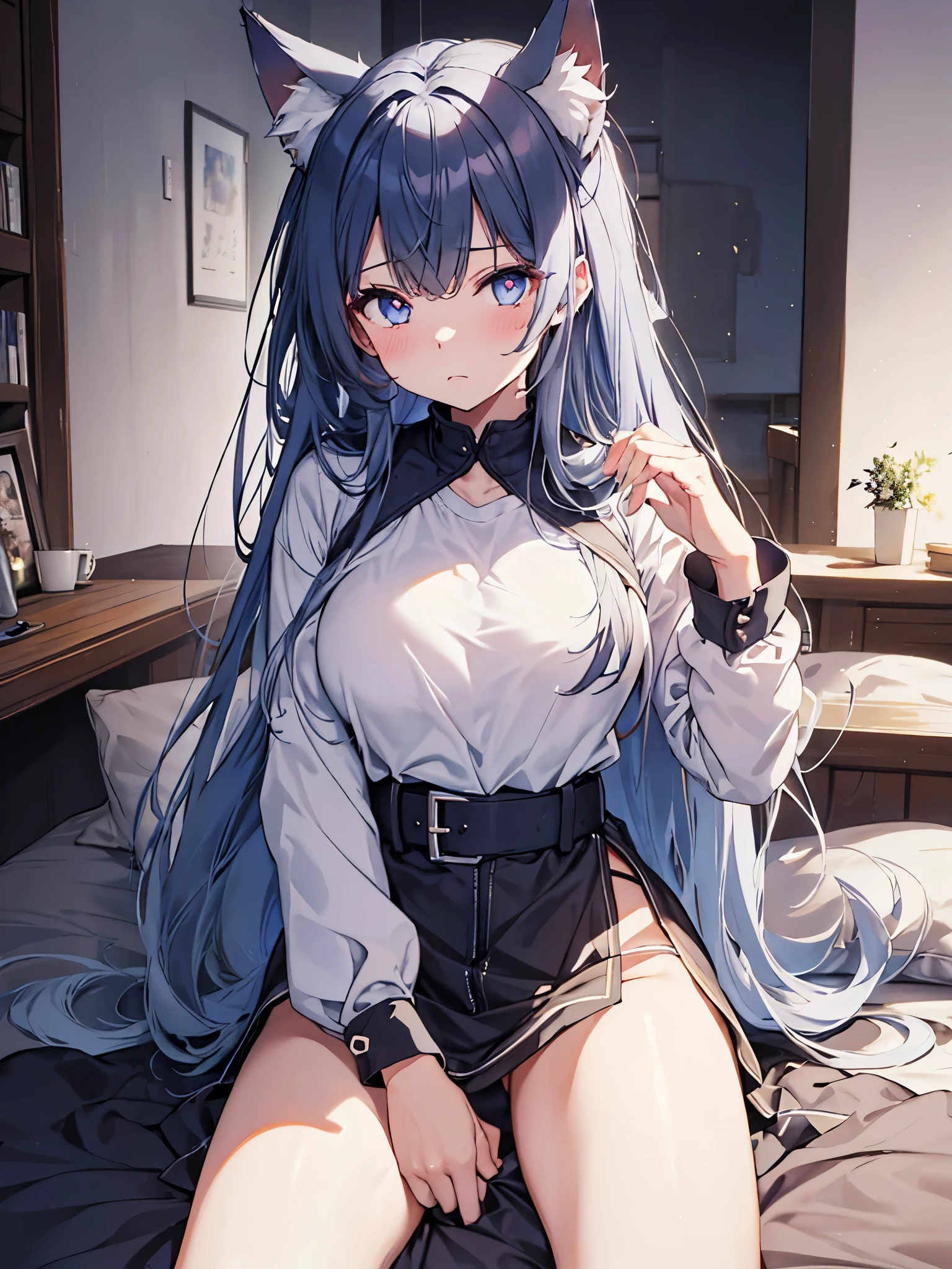 ((masterpiece))、((highest quality))、((super resolution))、(very beautiful and detailed)、official art、Virtual YouTuber、8K、very CG、game CG、icon、wallpaper、sharp focus、Written in depth、Very simple background、Smooth anime CG art、azur lane style、girls front line style、cute girl anime visual、photo shoot:1.55、Less exposure of the body:1.3、close to the viewer:1.3、view audience、The straight line distance between her and the viewer is 40 cm.)、Light from above at an angle、soft light、one person:1.3、solo:1.3、tall、young woman、 Ideal body shape、perfect waist、big breasts、Bust 87、white skin、bright makeup、Wolf ears、high ponytail、dark blue hair、hair that shines in natural light、messy hair、Ahoge、long eyelashes、clear light blue eyes、shining eyes、glowing eyes、heart_eyes、Cardioid eyes、heart shaped contacts、gray theme、simple white t-shirt、unbranded shirt、It was shiny、size doesn&#39;t fit、He wears an oversized T-shirt that extends from his shoulders to his waist.:2.0、skirt、belt、No bra、No panties、No underwear、barefoot、blush、sexual excitement、It&#39;s a little hard to breathe、spoiled 、shyness、wet、Stuffy、Sexy、So cute、Confident、provocation、relaxed、sitting on a very large soft cushion