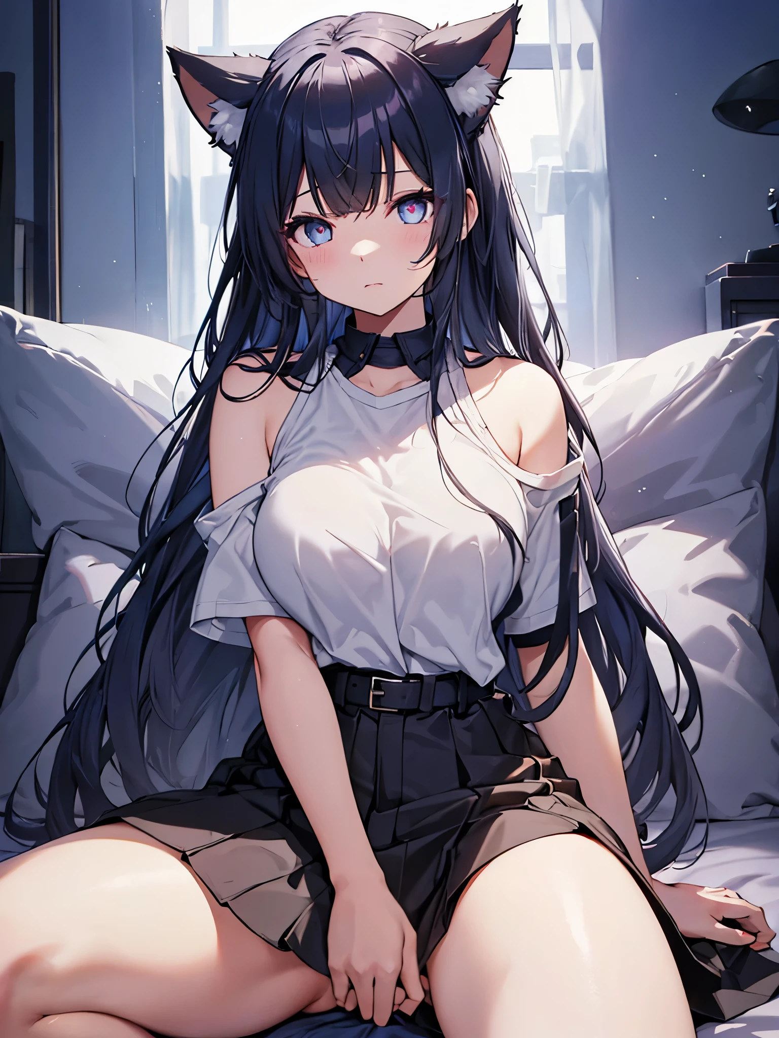 ((masterpiece))、((highest quality))、((super resolution))、(very beautiful and detailed)、official art、Virtual YouTuber、8K、very CG、game CG、icon、wallpaper、sharp focus、Written in depth、Very simple background、Smooth anime CG art、azur lane style、girls front line style、cute girl anime visual、photo shoot:1.55、Less exposure of the body:1.3、close to the viewer:1.3、view audience、The straight line distance between her and the viewer is 40 cm.)、Light from above at an angle、soft light、one person:1.3、solo:1.3、tall、young woman、 Ideal body shape、perfect waist、big breasts、Bust 87、white skin、bright makeup、Wolf ears、high ponytail、dark blue hair、hair that shines in natural light、messy hair、Ahoge、long eyelashes、clear light blue eyes、shining eyes、glowing eyes、heart_eyes、Cardioid eyes、heart shaped contacts、gray theme、simple white t-shirt、unbranded shirt、It was shiny、size doesn&#39;t fit、He wears an oversized T-shirt that extends from his shoulders to his waist.:2.0、skirt、belt、No bra、No panties、No underwear、barefoot、blush、sexual excitement、It&#39;s a little hard to breathe、spoiled 、shyness、wet、Stuffy、Sexy、So cute、Confident、provocation、relaxed、sitting on a very large soft cushion