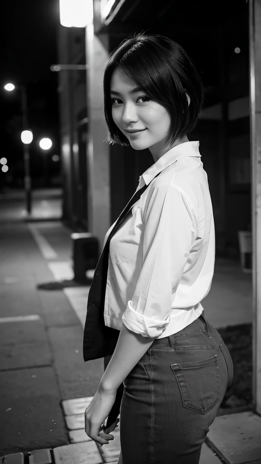 Japanese Girl , Age 21 , college outift , beautiful face , photography , seductive smile , good lighting background , closed outfit , short hair , black and white style