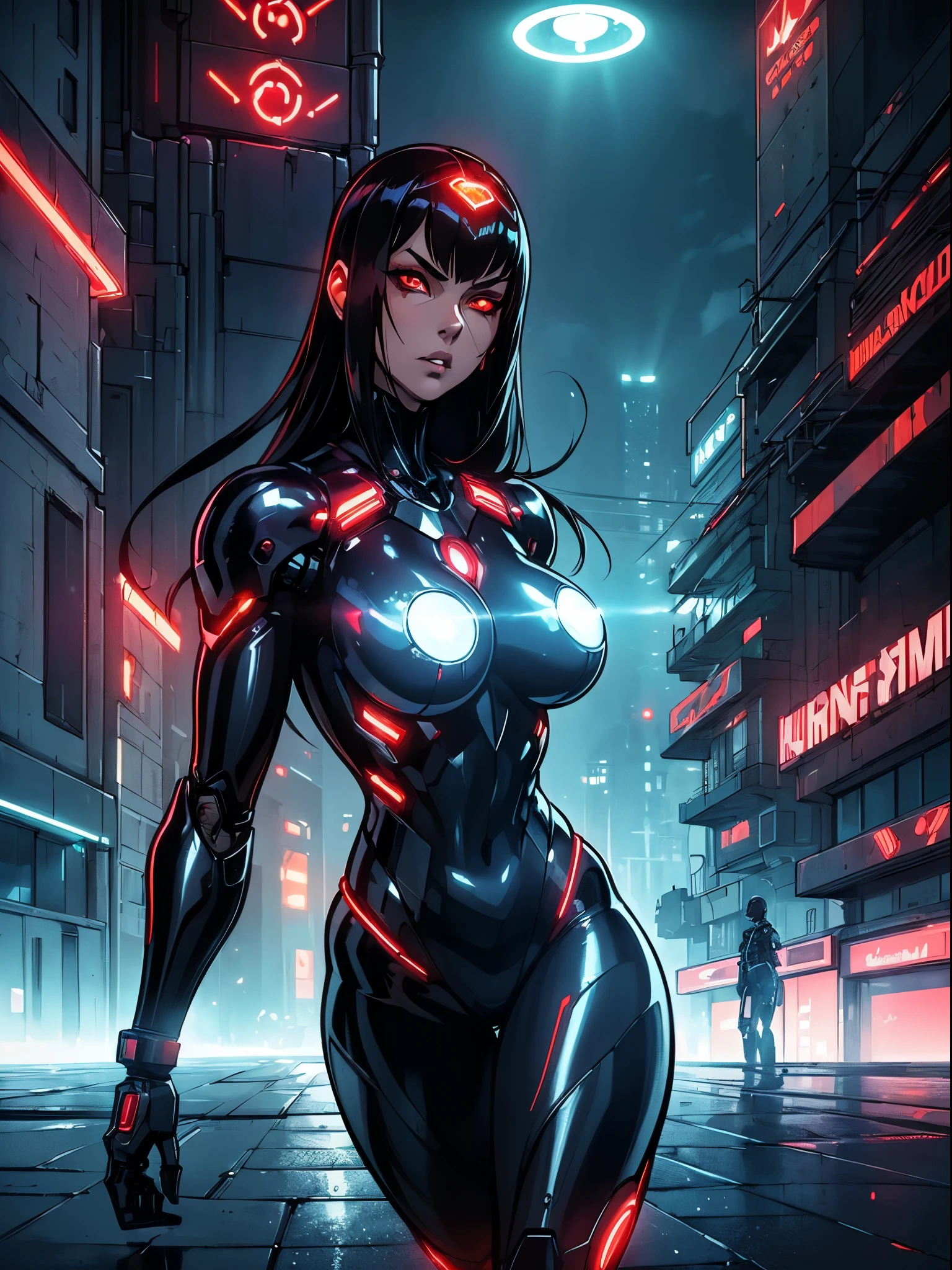(best quality,ultra-detailed,realistic:1.37),woman cyborg,red eyes,evil,anime,huge ,sleek metallic body,expressionless face,glowing circuits,enormous energy blade,mechanical limbs,dystopian city backdrop,neon lights reflection,dark and ominous atmosphere