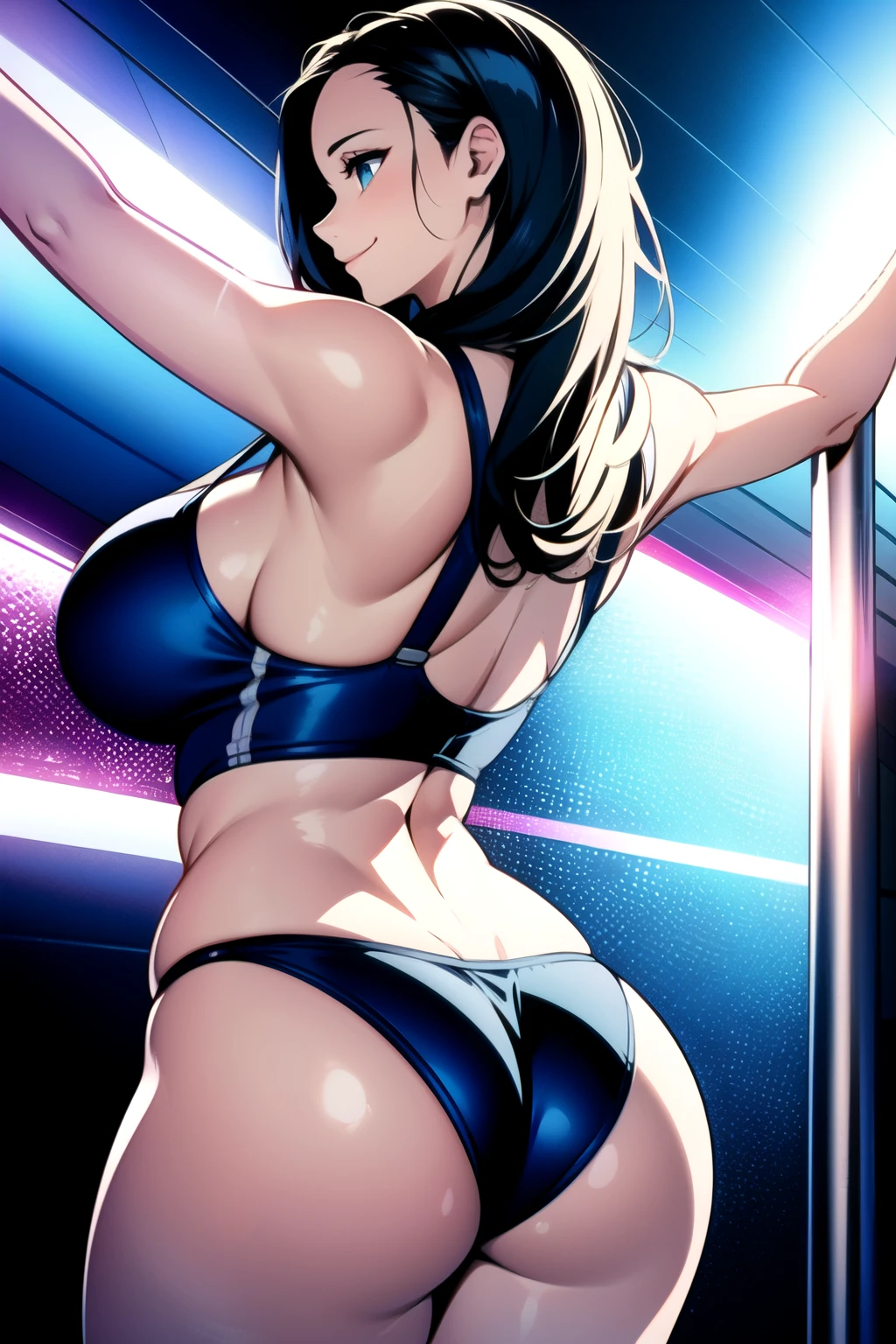 masterpiece, ((ultra detailed background, delicate pattern, intricate detail)), (highly detailed, fine details), best quality, beautiful lighting, (gigantic breasts)), NicoRobinV2, 1girl, black hair, long hair, solo, gigantic breasts, (smile), blue eyes, cleavage, closed mouth, hair slicked back, jewelry, collarbone, (swimsuit, crop top), (complex detailed background, inside, nightclub, poledance), curvy, cowboy shot, back view, curvy ass