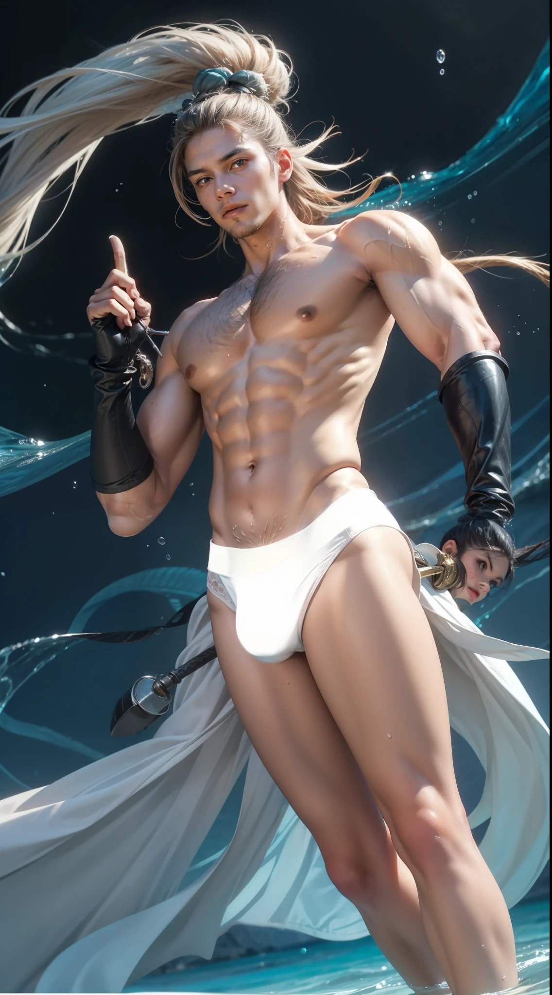 (max resolution: 1.2), (Ultra HDTV: 1.2), 8K resolution, Eye and skin details, detailed features, , (Sharp focus: 1.2), (Focus focus) facialssions: 1.2), 1 Guy, 30 Years Old, Standing, Brown hair, Beard and hat, Holding sword, Chest exposed, 8 Abdomen, (No shirt) Shirtless, White thighs exposed, (( (White briefs))), (((Water, Seawater)))
