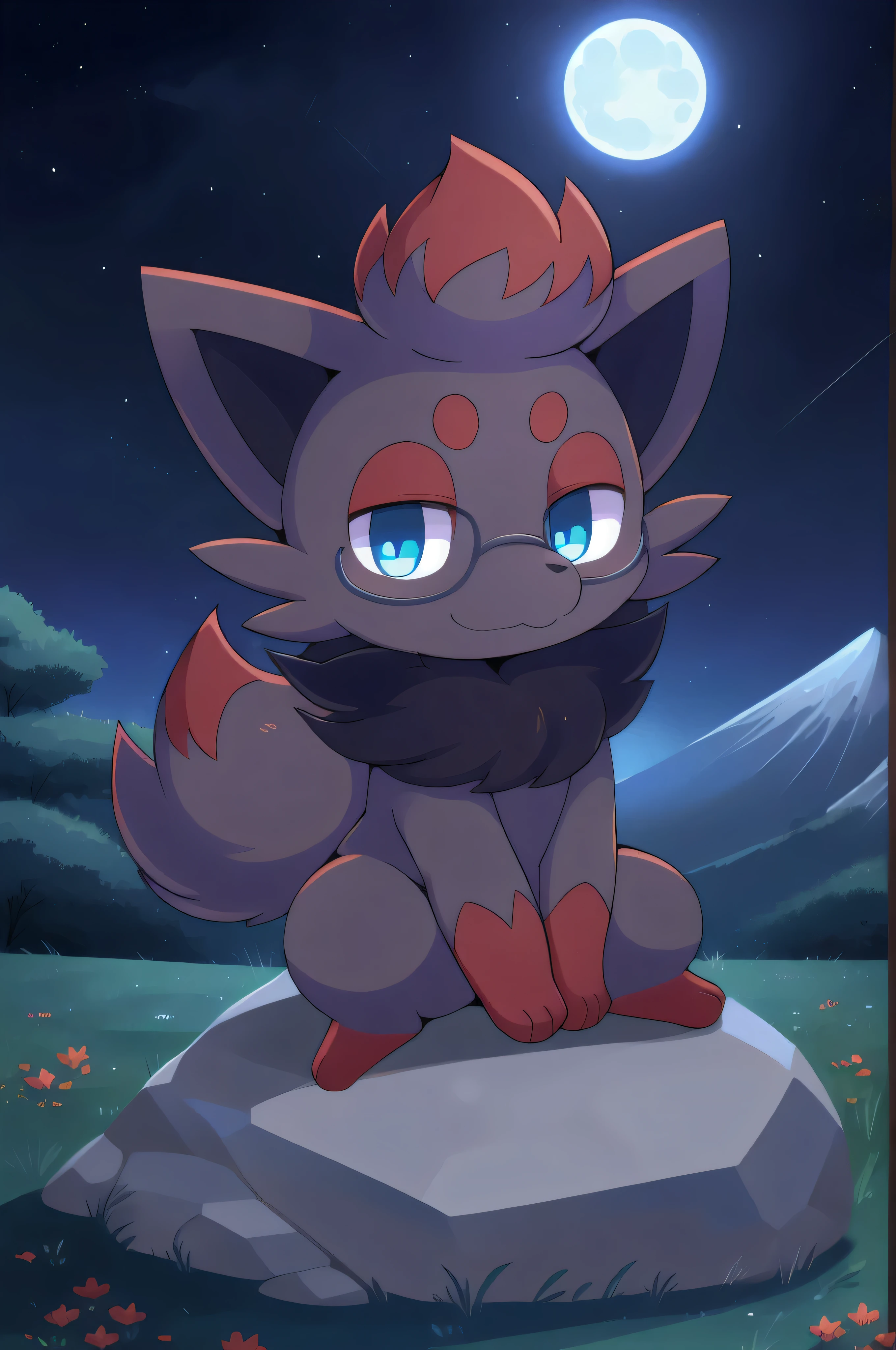 Zorua, blue eyes,nerd_rectangle_black_glasses red hair, masterpiece, high quality, anime style, full body, :3, mountain,grass, nighttime, full moon, stars,clear sky, sit on rock,